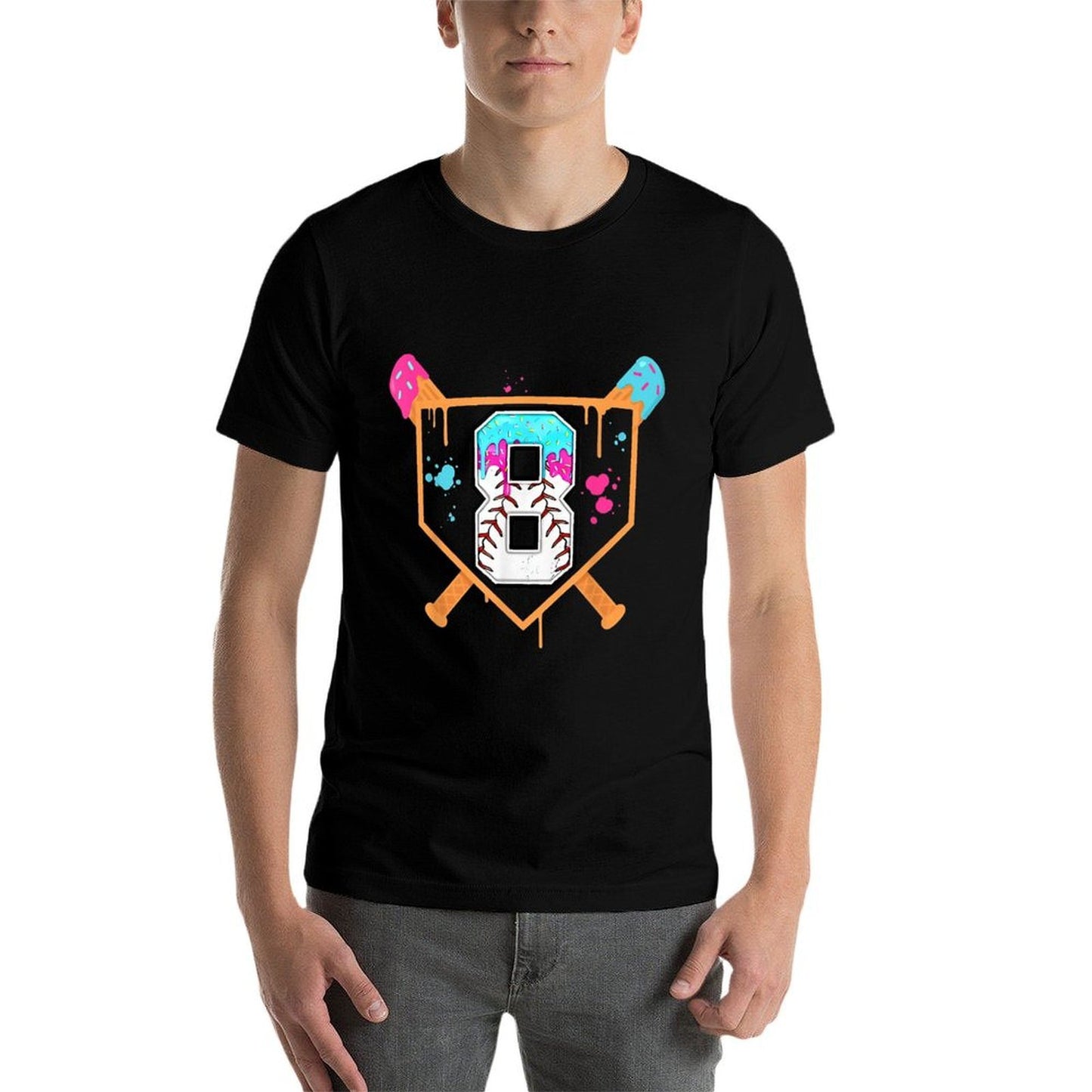 Baseball 8th Birthday Ice Cream Drip 8 Year Old Birthday Boy Summer-ready Fabric T-Shirt