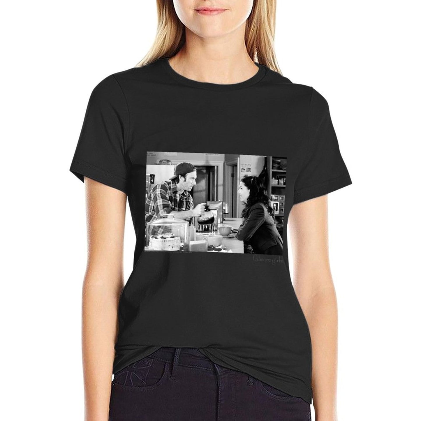 Gilmore Girls Luke Serving Coffee Black White TV Show Rolled Sleeves T-Shirt