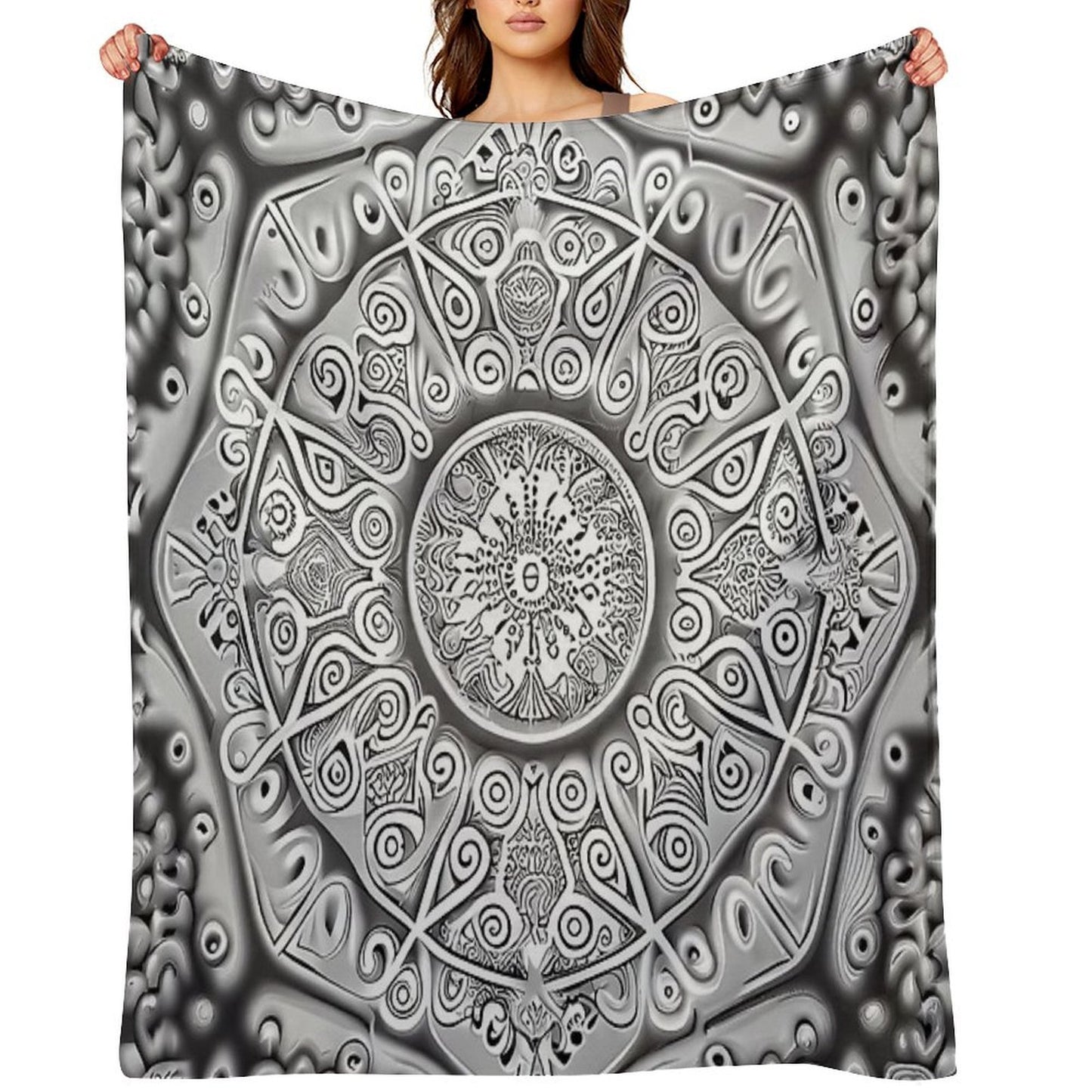 Symmetrical Monochromatic New Traditional Pattern Digital Painting Travel-friendly Throw Blanket