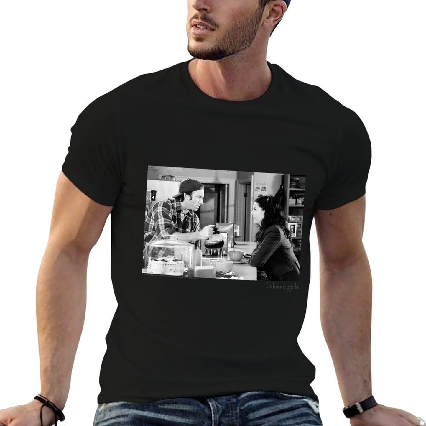 Gilmore Girls Luke Serving Coffee Black White TV Show Rolled Sleeves T-Shirt