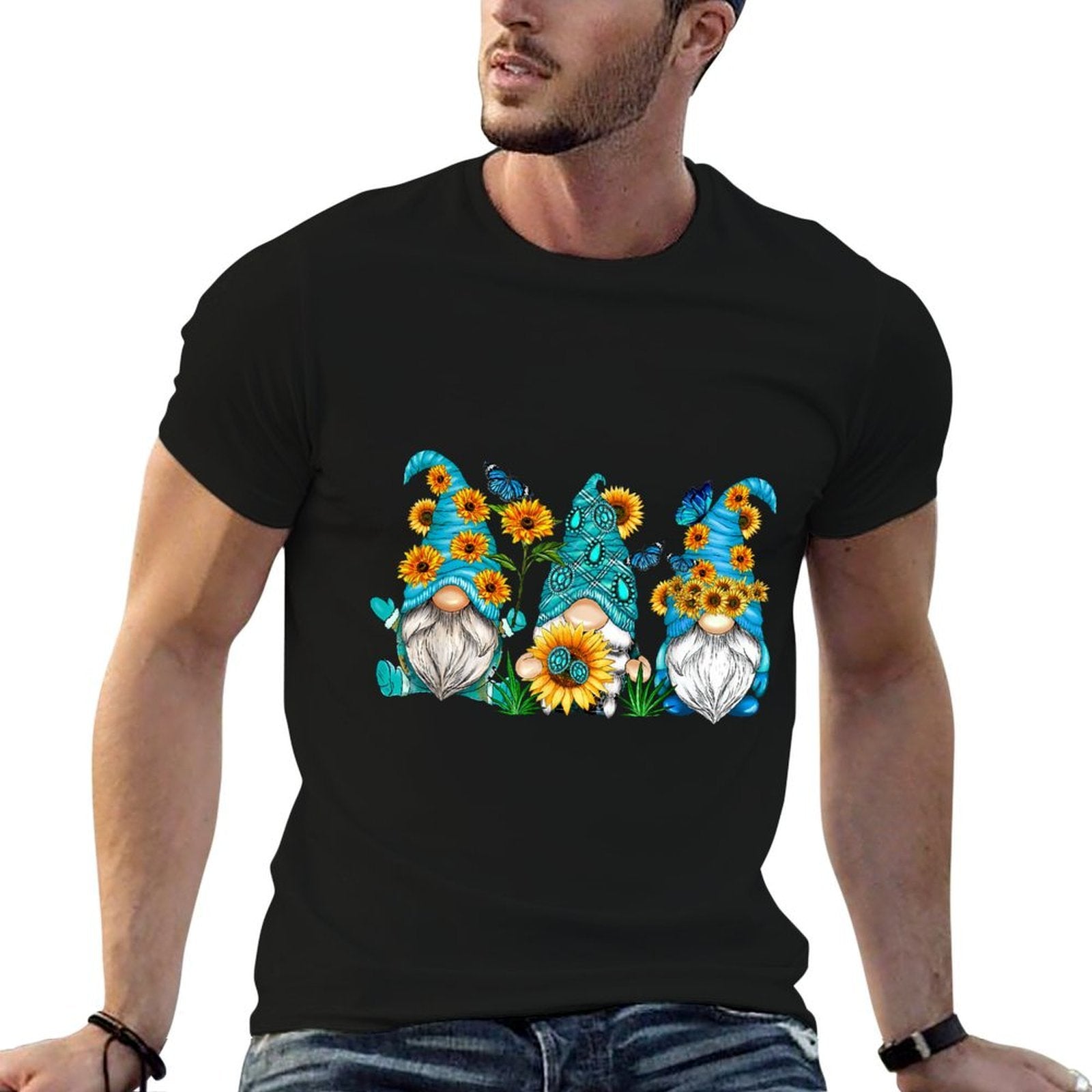 Cute Gnomes With Sunflower Butterfly Gardeners Summer Floral  Easy-care T-Shirt
