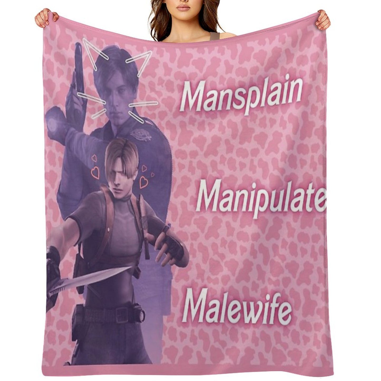 Mansplain, Manipulate, Malewife Leon (Cow) PINK VERSION Wrinkle-free Throw Blanket