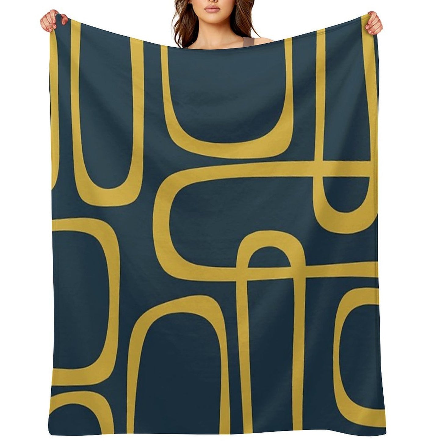 Midcentury Modern Loops Retro Pattern in Light Mustard And Navy Blue Lightweight Throw Blanket