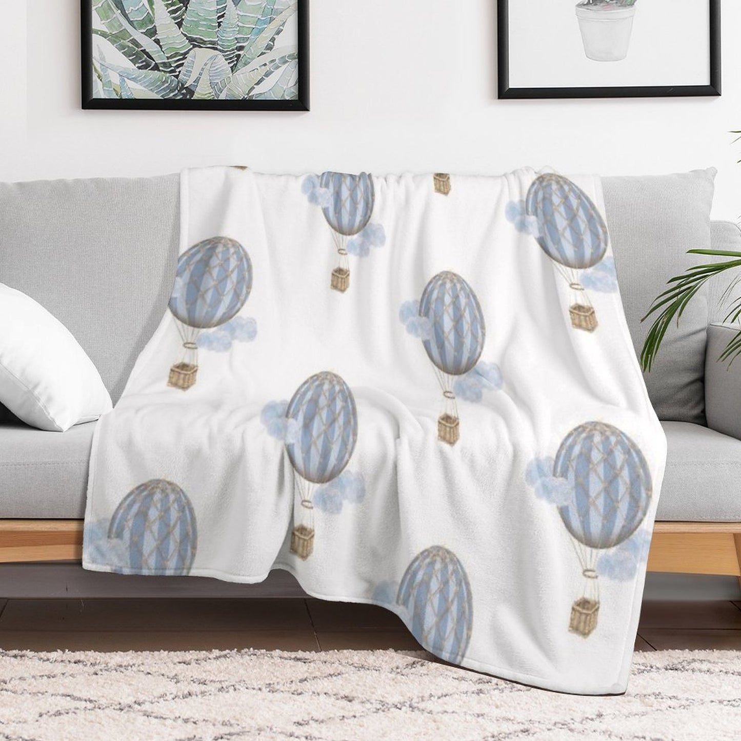 Blue Vintage Hot Air Balloon Sustainable Throw Blanket