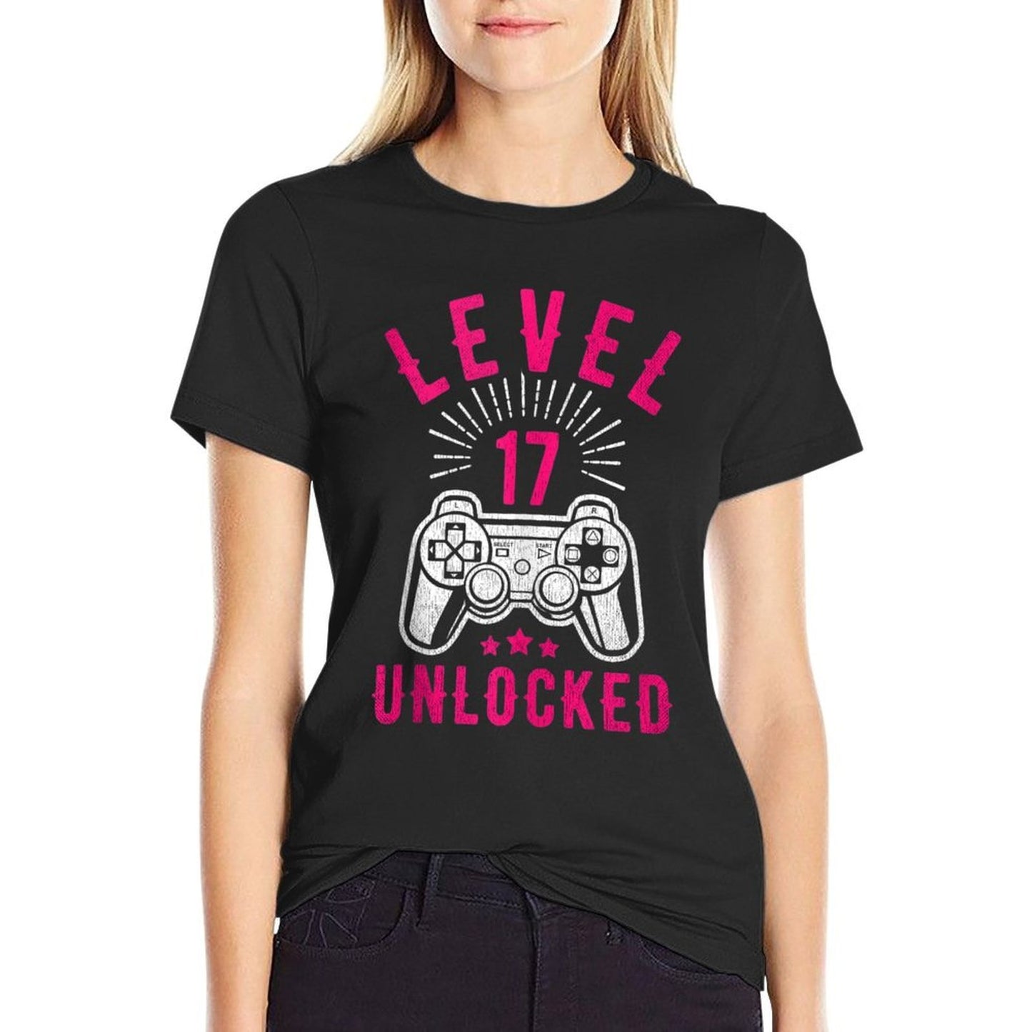 Funny 17 Years Old Girls Level 17 Unlocked 17th Birthday High-quality Stitching T-Shirt