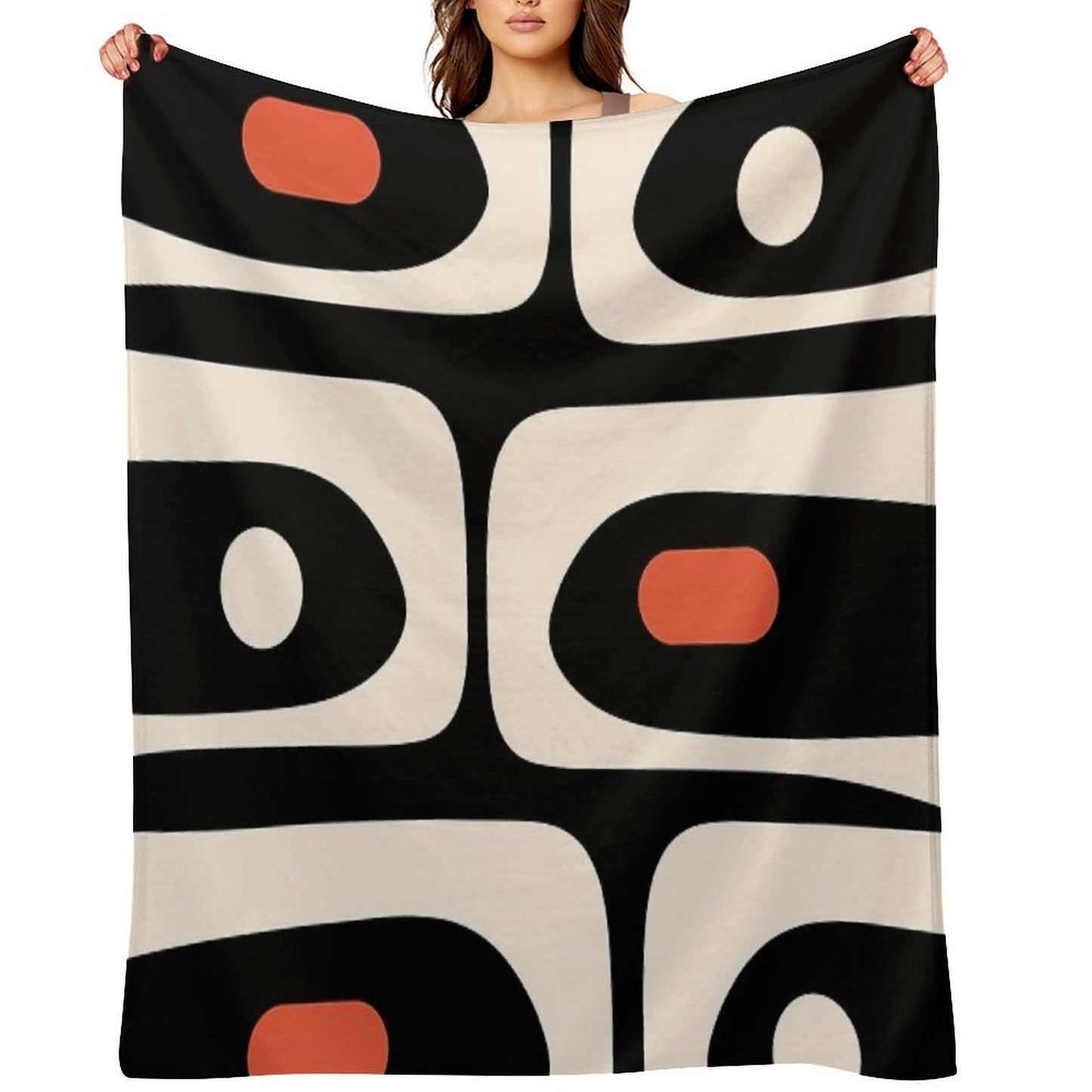 Mid Century Modern Piquet Abstract Pattern Black, Orange, And Almond Cream Travel-friendly Throw Blanket