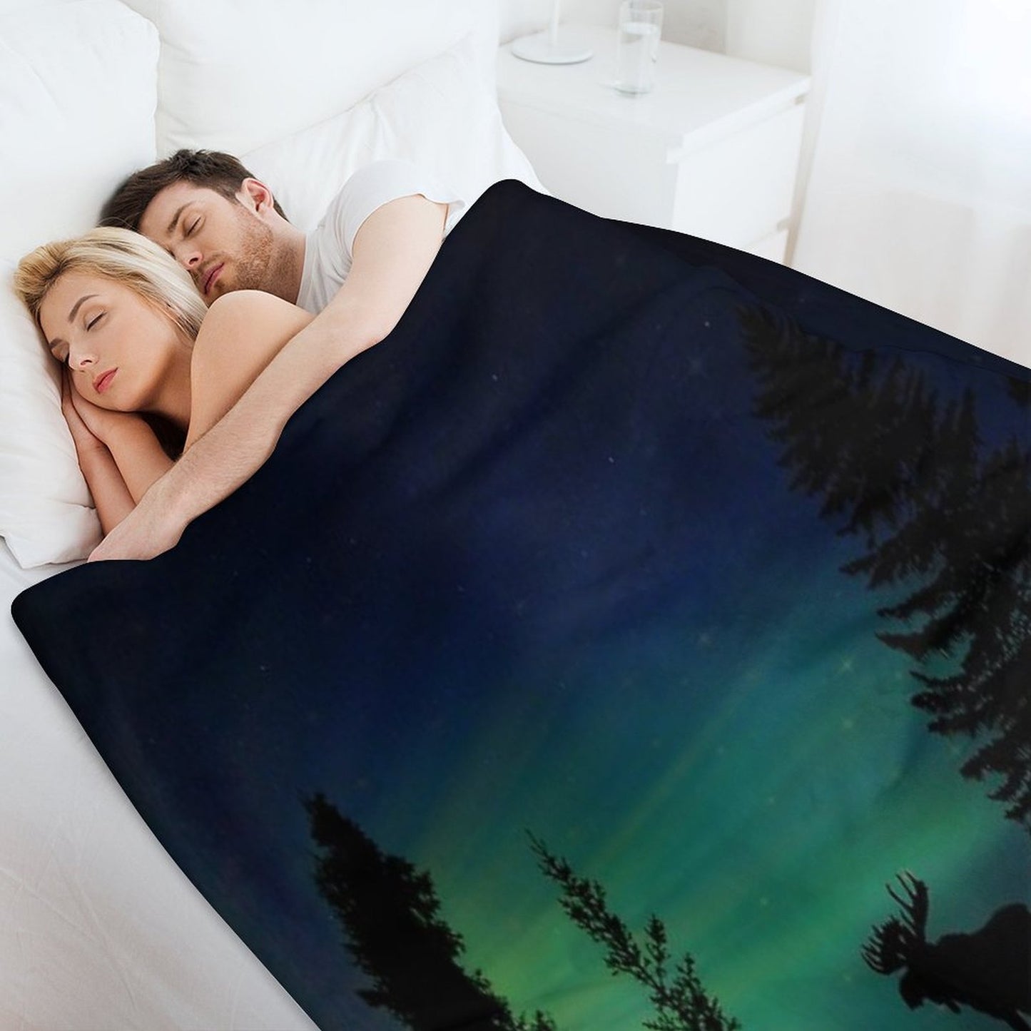 Moose with Northern Lights Shrink-resistant Throw Blanket