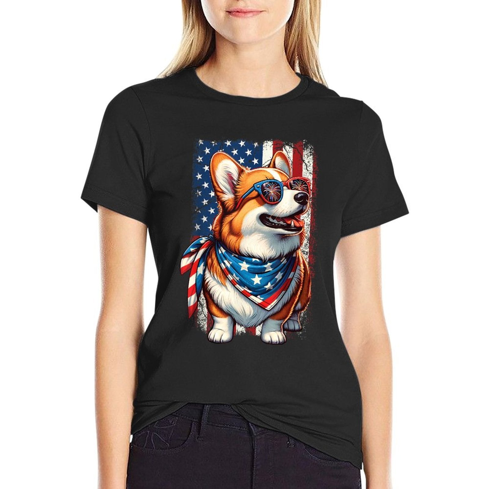 Funny Vintage Patriotic Corgi Dog Retro 4th Of July USA  Heathered Texture T-Shirt