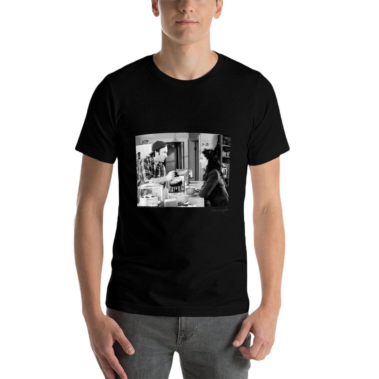 Gilmore Girls Luke Serving Coffee Black White TV Show Rolled Sleeves T-Shirt