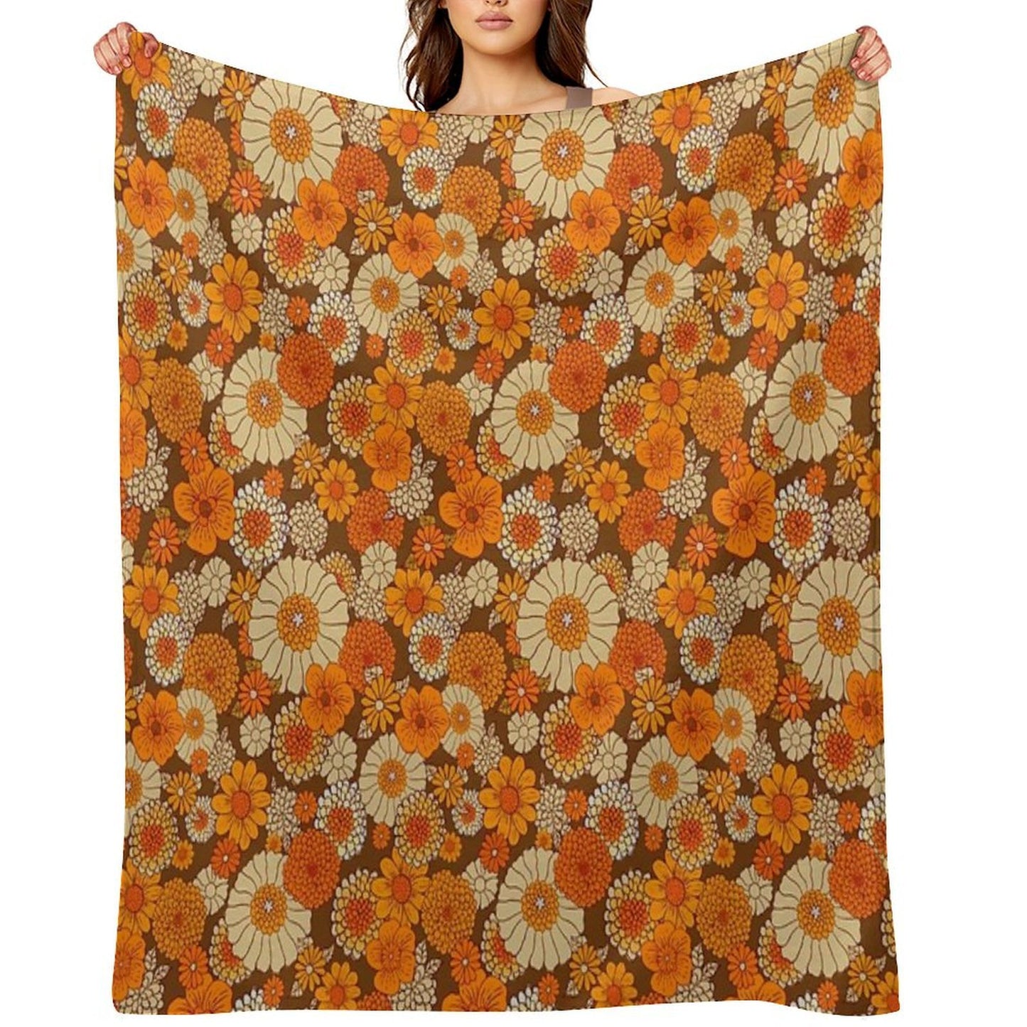 70s Retro Daisies, Vintage Flower Power, Orange And Brown, Boho, Premium Throw Blanket
