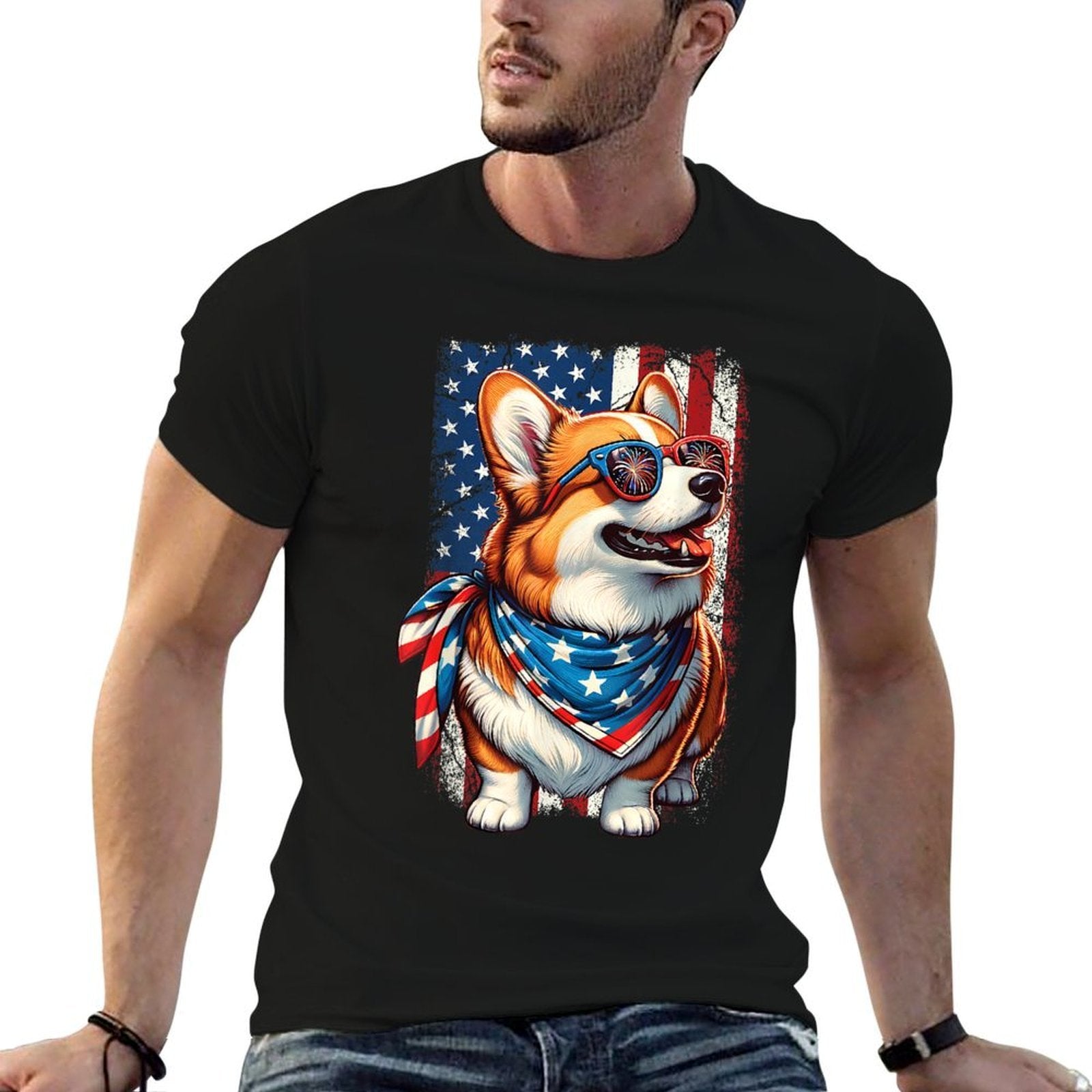 Funny Vintage Patriotic Corgi Dog Retro 4th Of July USA  Heathered Texture T-Shirt