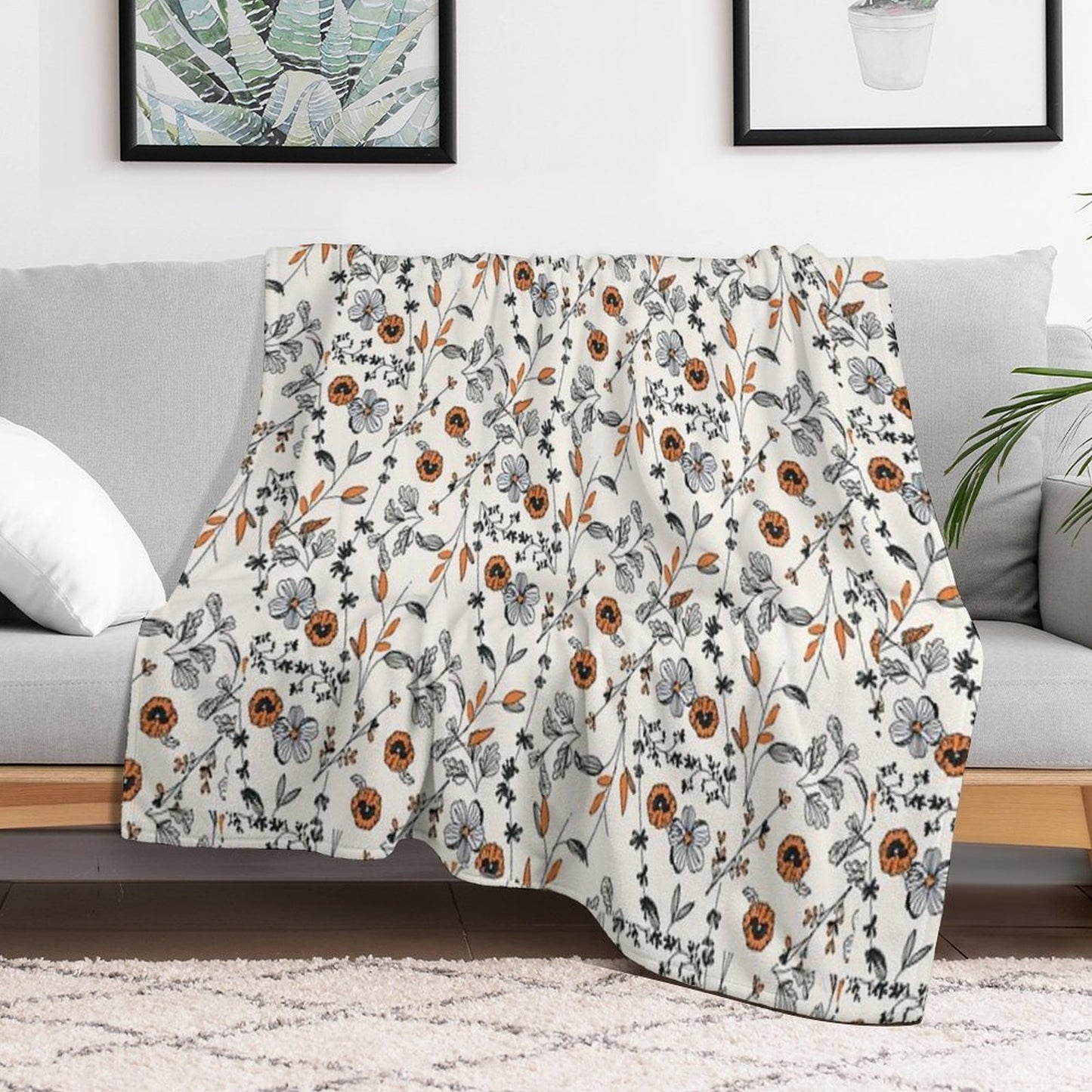 Orange Flower Pattern Sustainable Throw Blanket