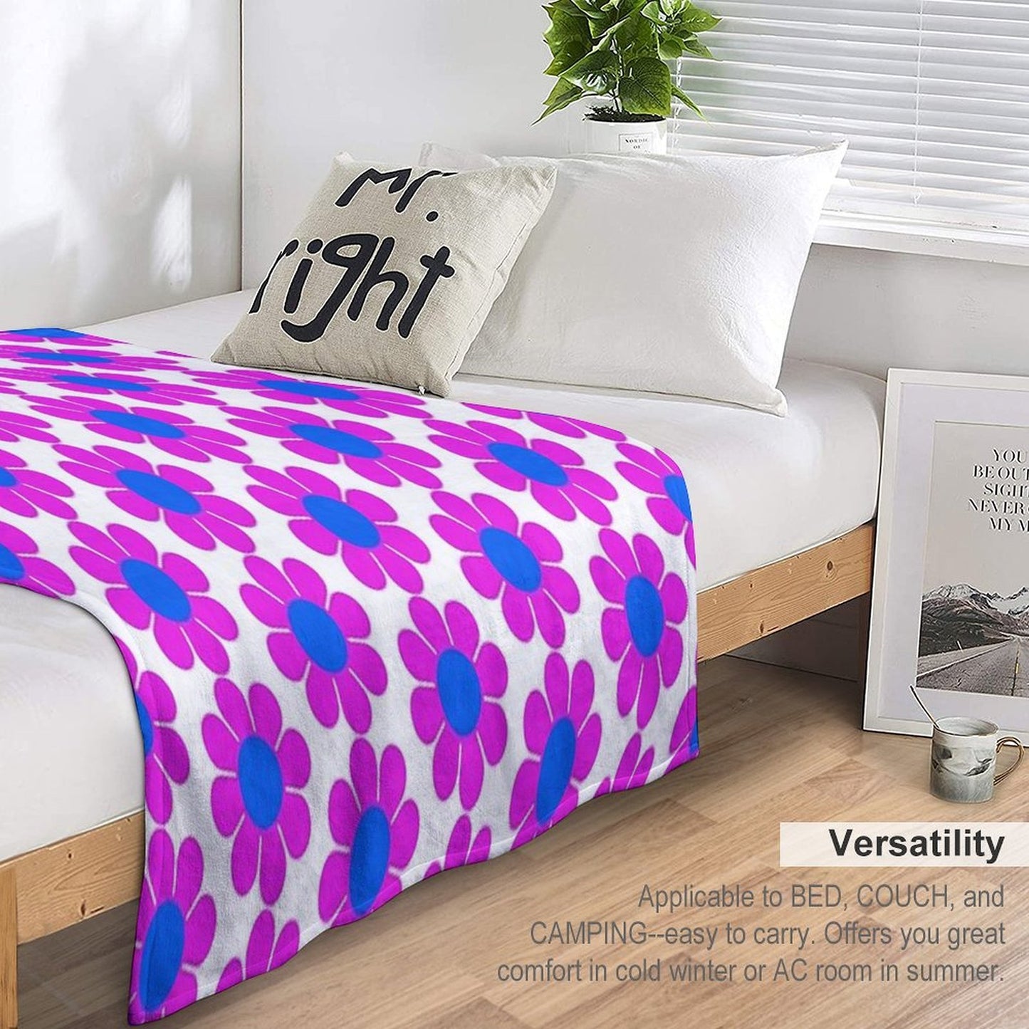 Pink Blue Hippie Flower Power Daisy Eco-conscious Throw Blanket