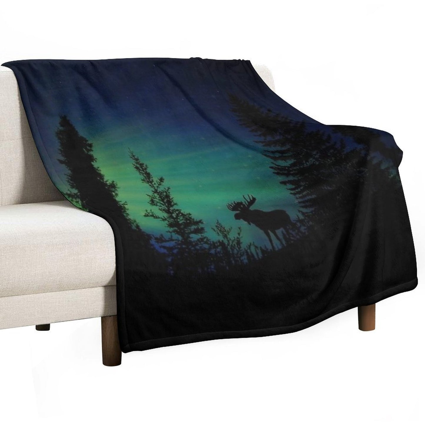 Moose with Northern Lights Shrink-resistant Throw Blanket