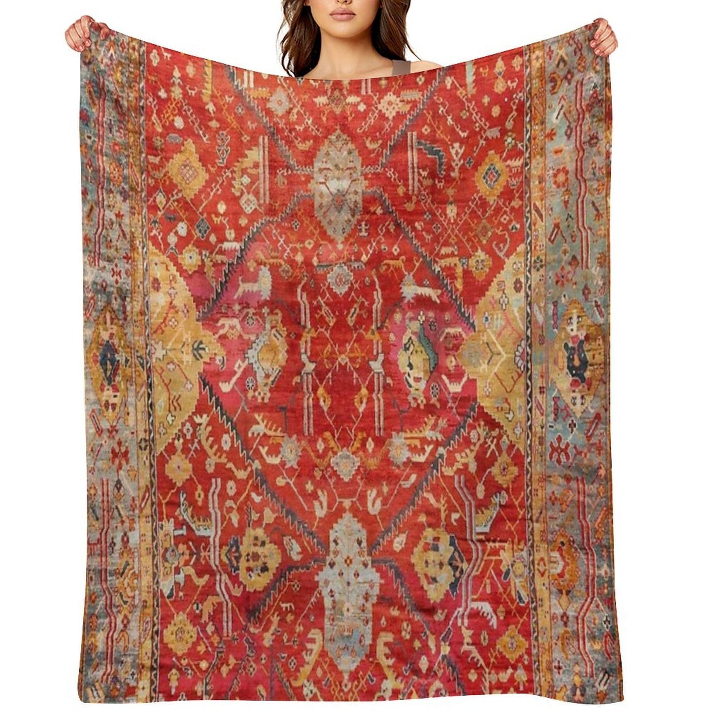 Antique Turkish Oushak Rug Print Gift-ready Throw Blanket
