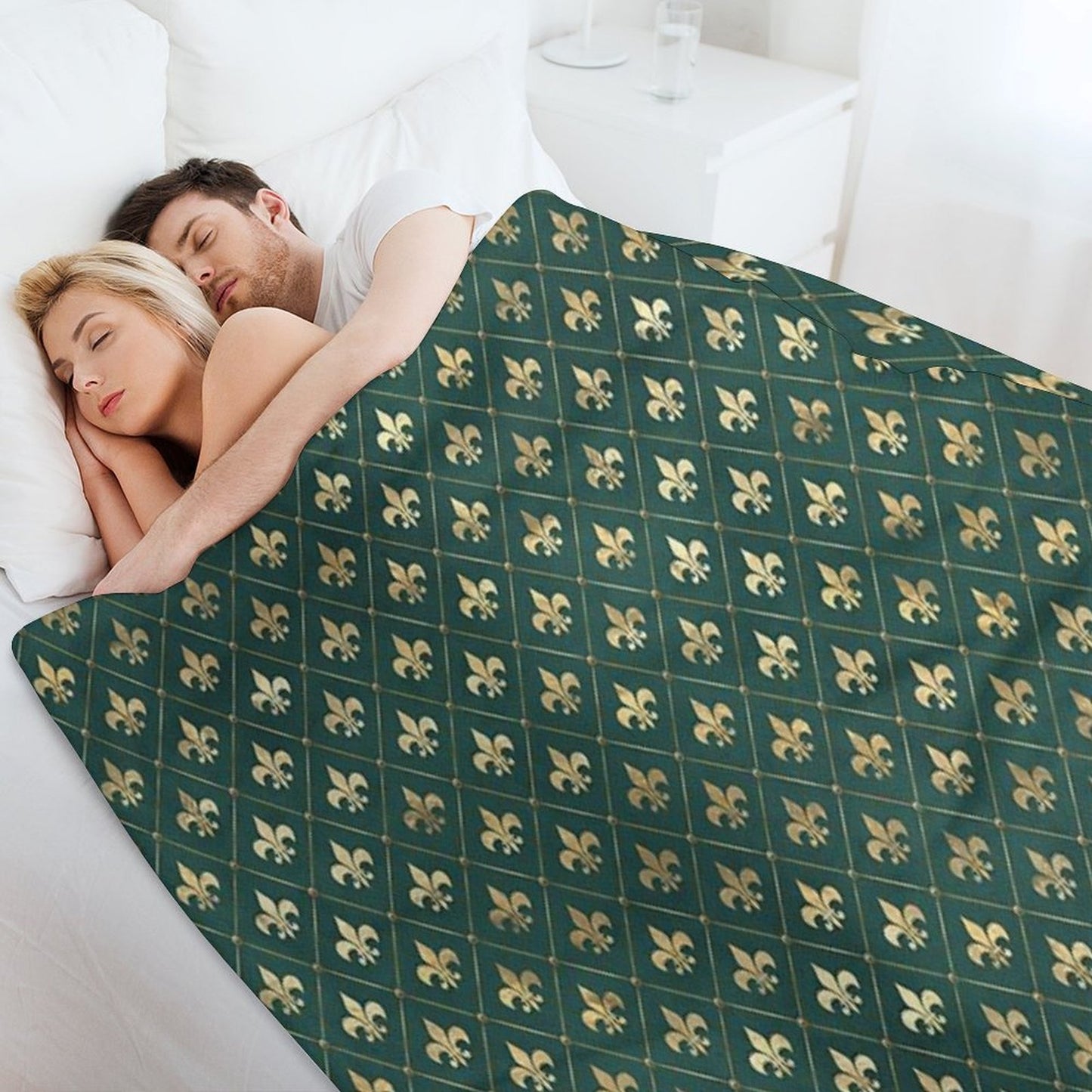 Gold Fleur-de-lis Design on A Green Background Premium Throw Blanket