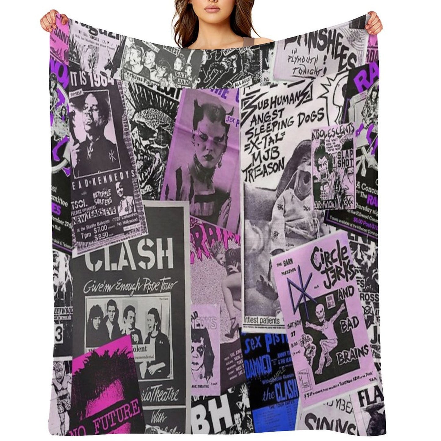 Punk Rock Bands Flyers Collage Aesthetic Punk Colors Eco-conscious Throw Blanket