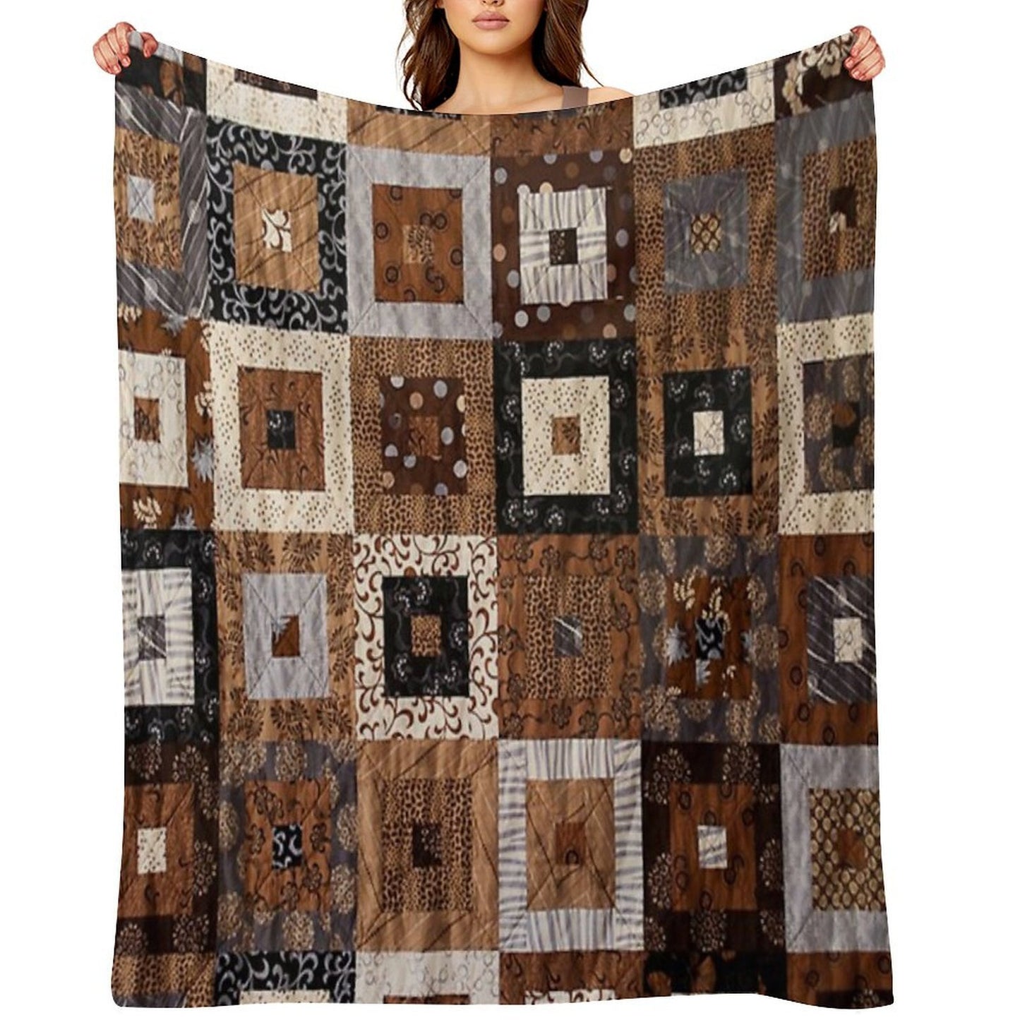 Classic Retro Brown Quilted Patchwork Quilting Pattern Mosaic Motif Multi-functional Throw Blanket