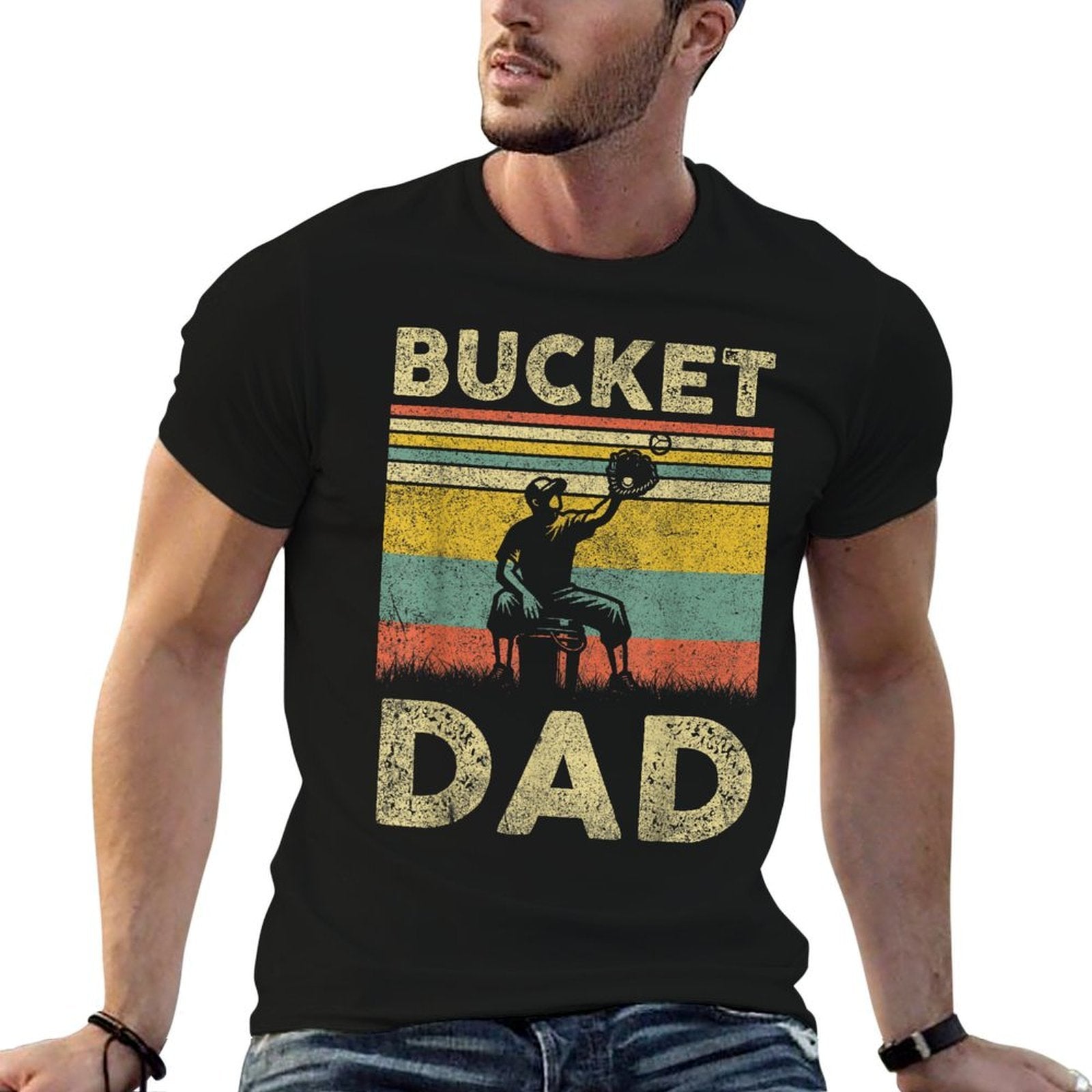 Bucket Dad Softball Dad Baseball Funny Coach Fathers Day  Stretchy T-Shirt