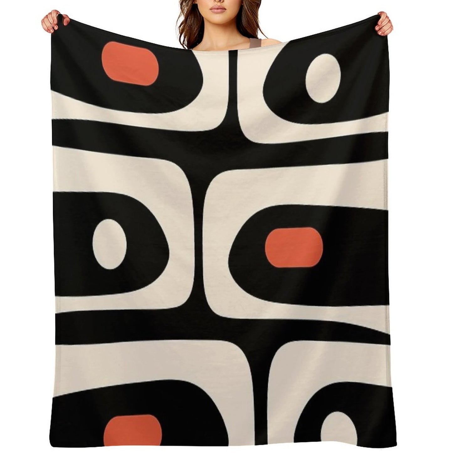 Mid Century Modern Piquet Abstract Pattern Black, Orange, And Almond Cream Travel-friendly Throw Blanket