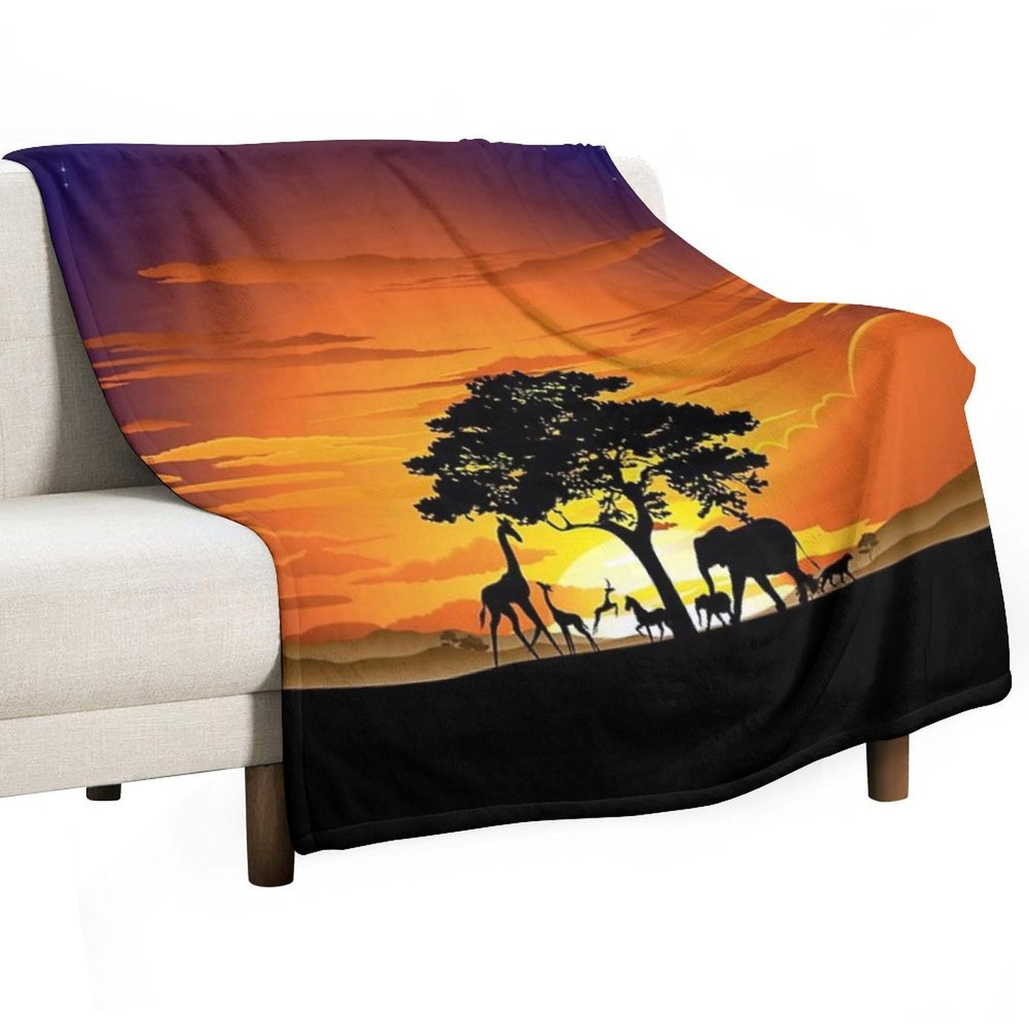 Wild Animals on African Savanna Sunset Machine-washable Throw Blanket