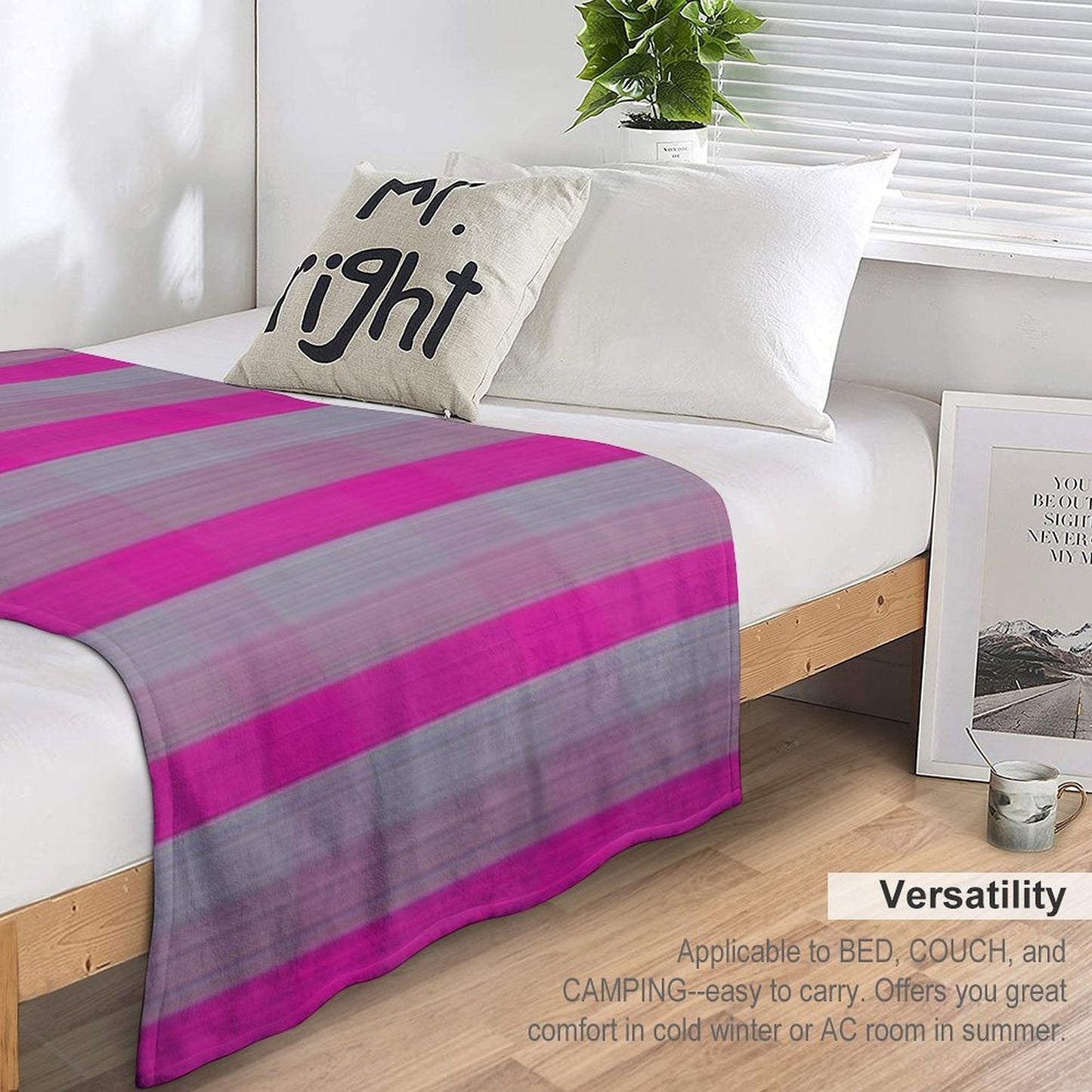 Bright Pink Silver Fabric Lines Pattern Easy Care Throw Blanket