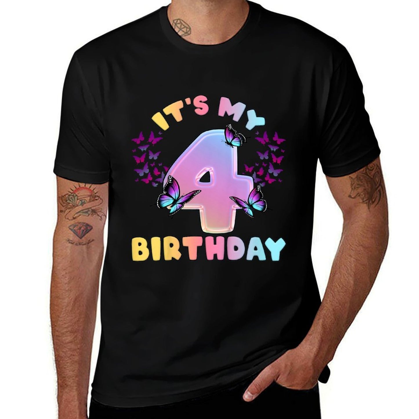 Kids Birthday Girl 4 Year Old, Butterflies, It's My 4th Birthday Tagless Design T-Shirt