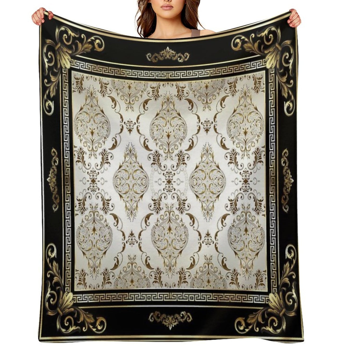 Ornate Baroque Cream Gold Black Greek Key Floral Sustainable Throw Blanket