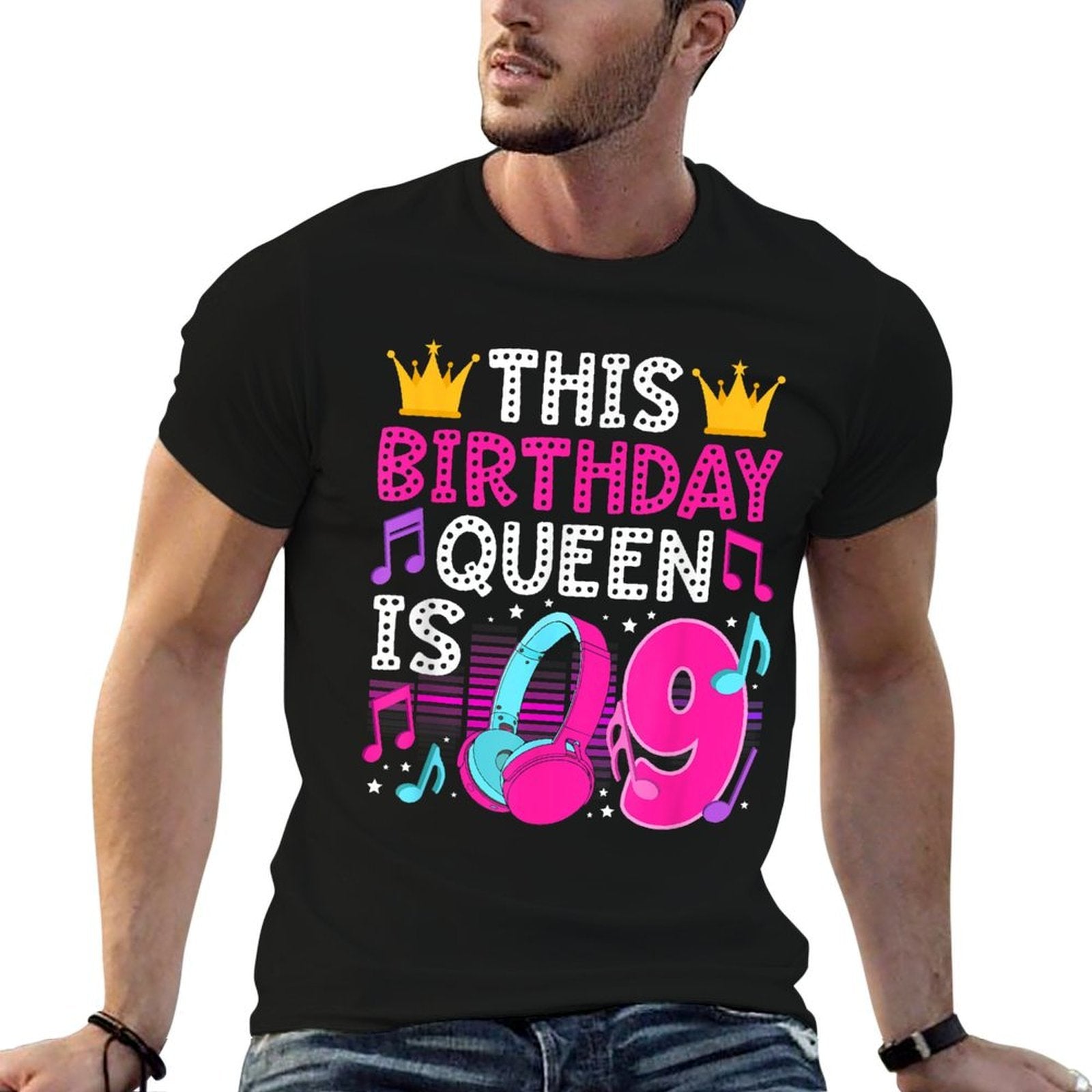 9th Music Birthday Party Nine Year Old Musical Birthday  Ribbed Collar T-Shirt