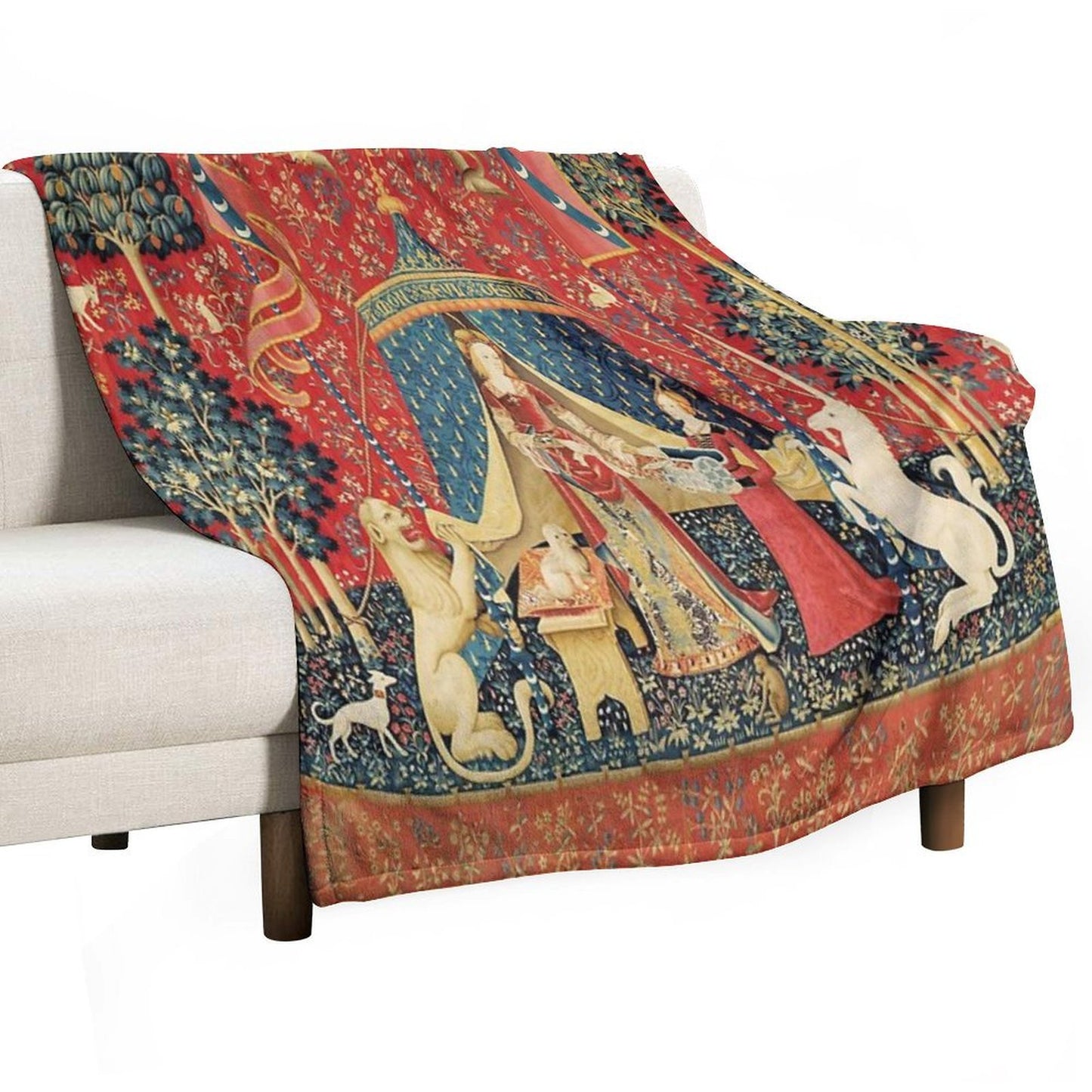 LADY AND THE UNICORN DESIRE ,Lion,Fantasy Flowers,Animals,Red Green Floral Tapestry Premium Throw Blanket