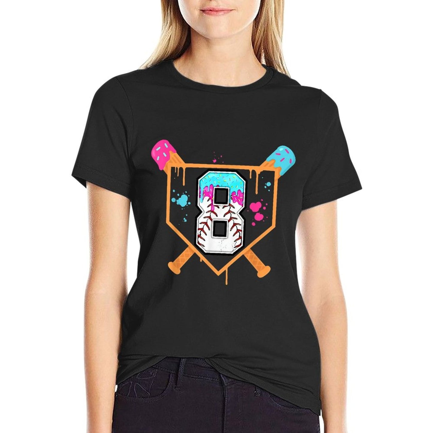 Baseball 8th Birthday Ice Cream Drip 8 Year Old Birthday Boy Summer-ready Fabric T-Shirt