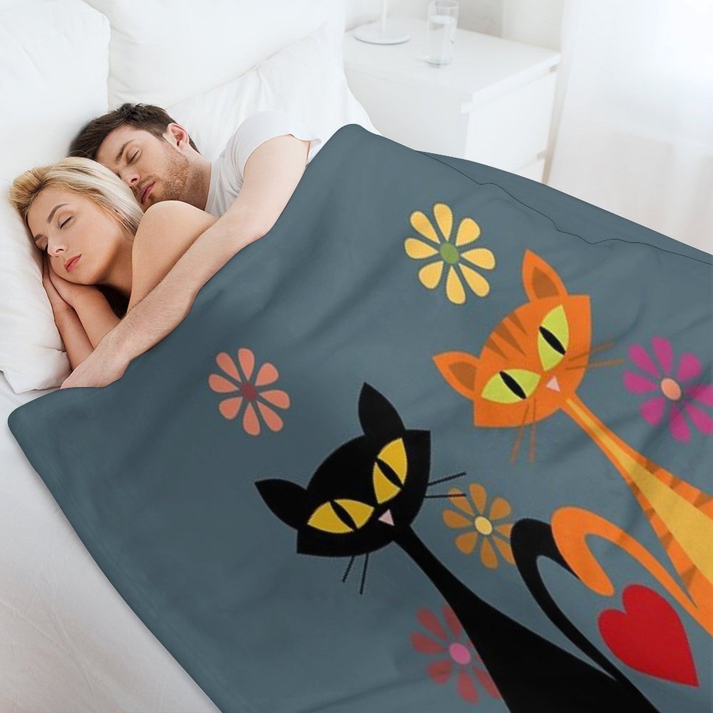 Mid Century Orange And Black Cats in Love Eco-conscious Throw Blanket