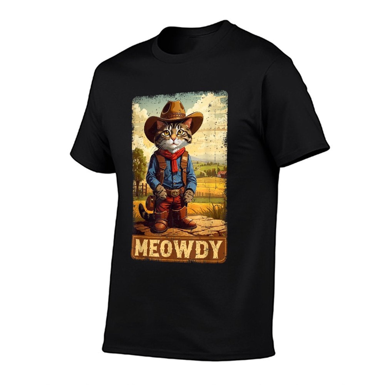 Meowdy Funny Country Side Cat Hat Vintage Cowboy Cat  Eco-friendly Material T-Shirt