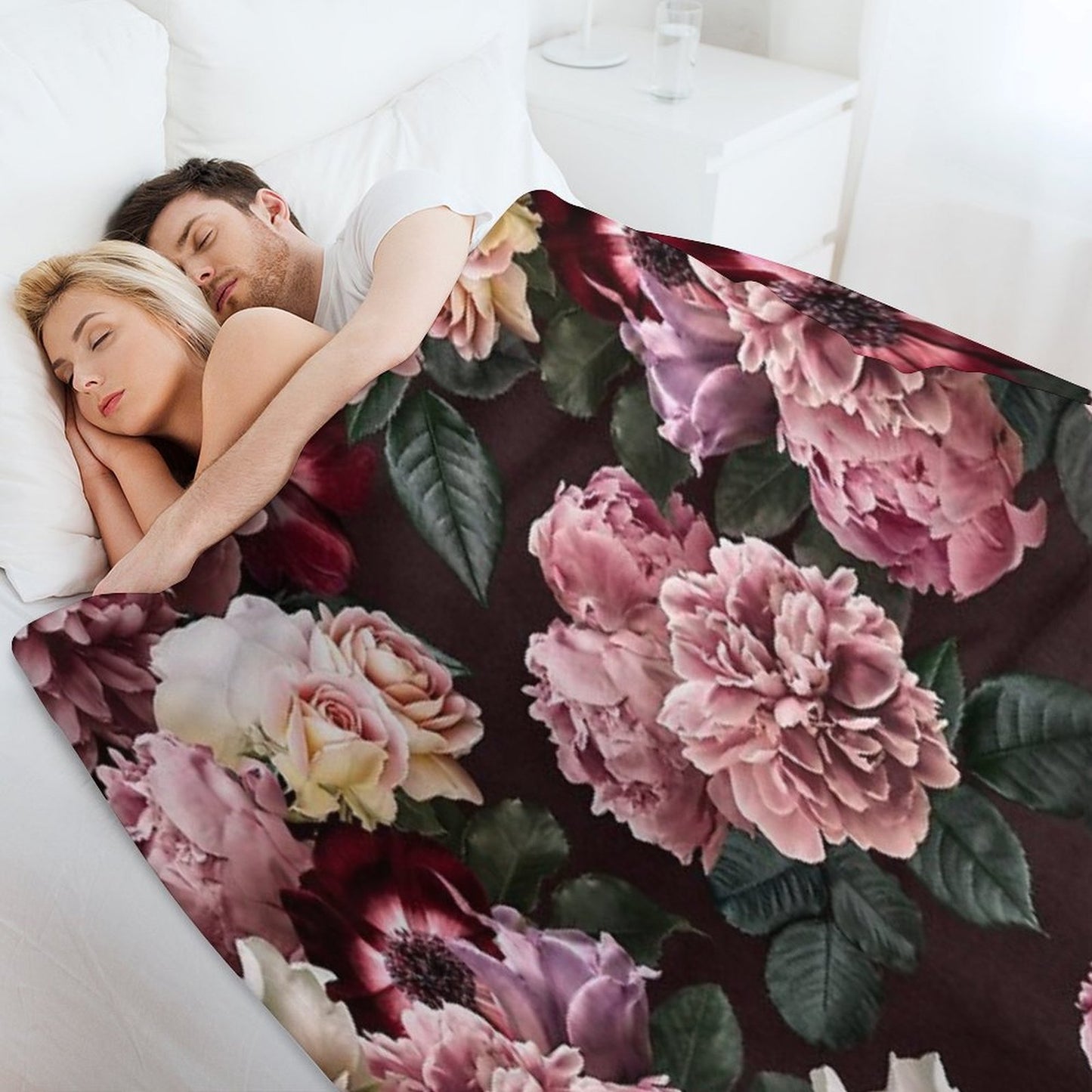 Vintage Bouquets of Pink Lush Peonies, Purple Tulips, Roses And Dark Red Anemones. Plush Throw Blanket