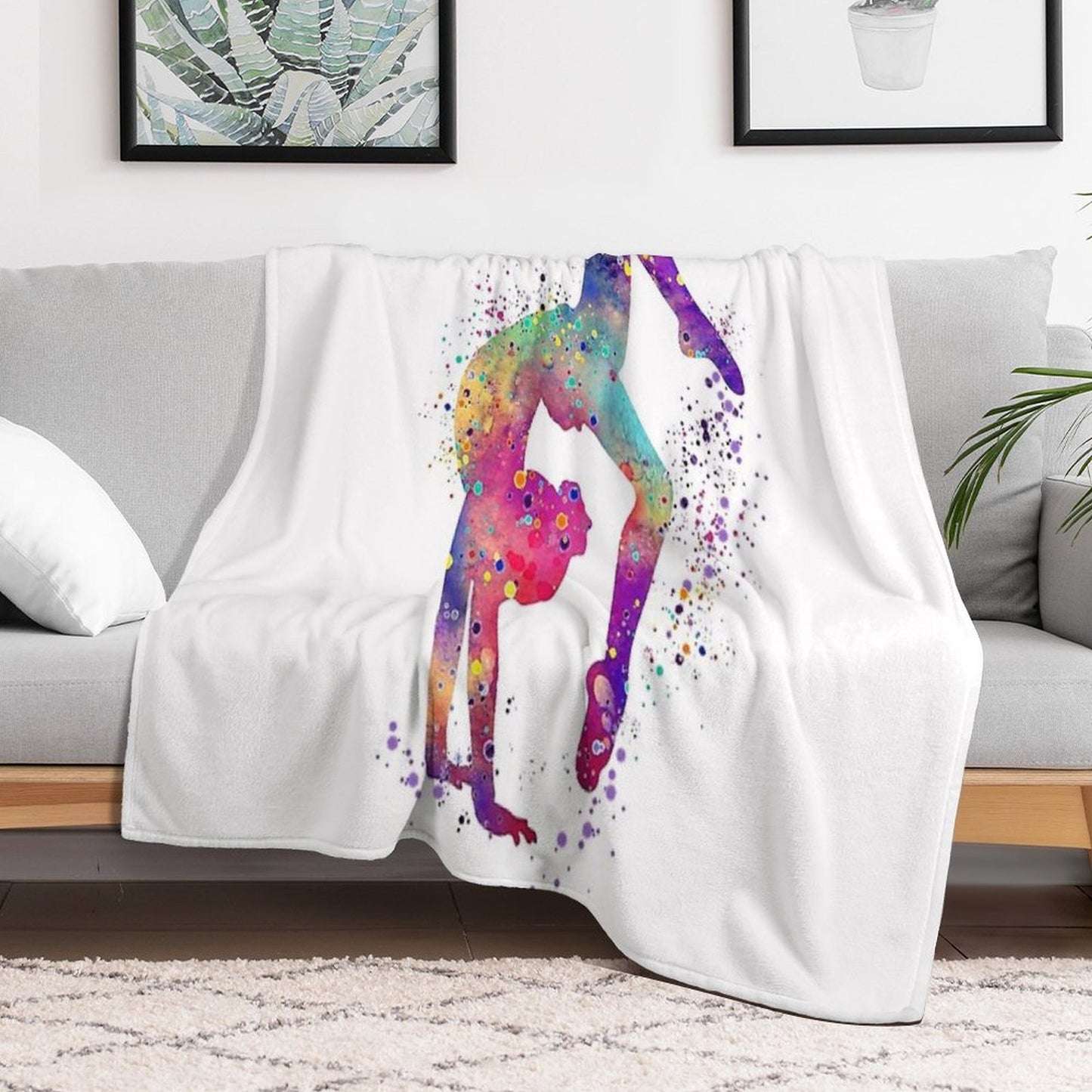 Gymnastics Girl Tumbling Colorful Watercolor Art Gift Sustainable Throw Blanket