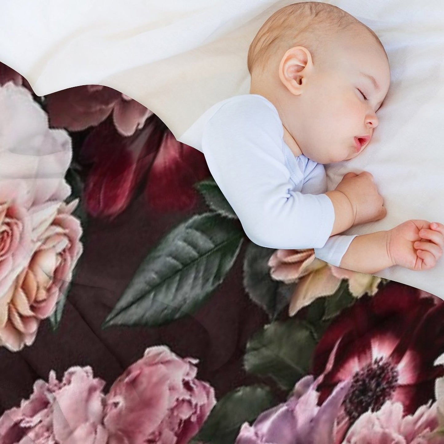 Vintage Bouquets of Pink Lush Peonies, Purple Tulips, Roses And Dark Red Anemones. Plush Throw Blanket