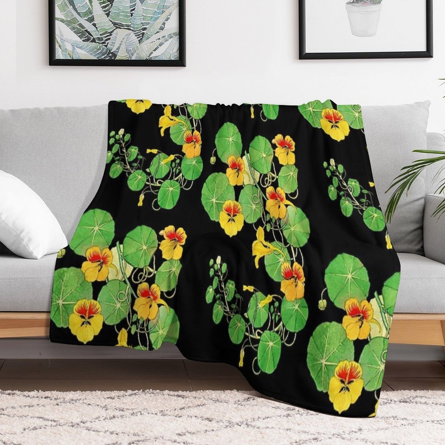 Yellow Nasturtium Flower Botanical Illustration Gift-ready Throw Blanket