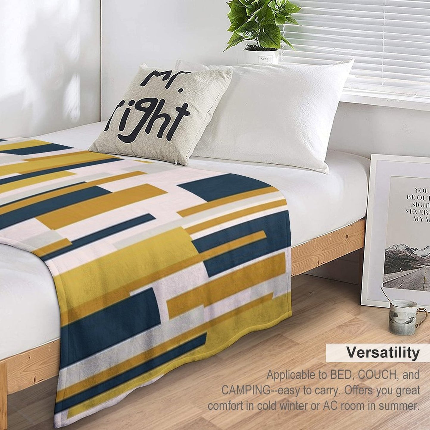 Wright Midcentury Modern Geometric Abstract Pattern in Mustard Yellow, Navy Blue, And Pale Blush Shrink-resistant Throw Blanket