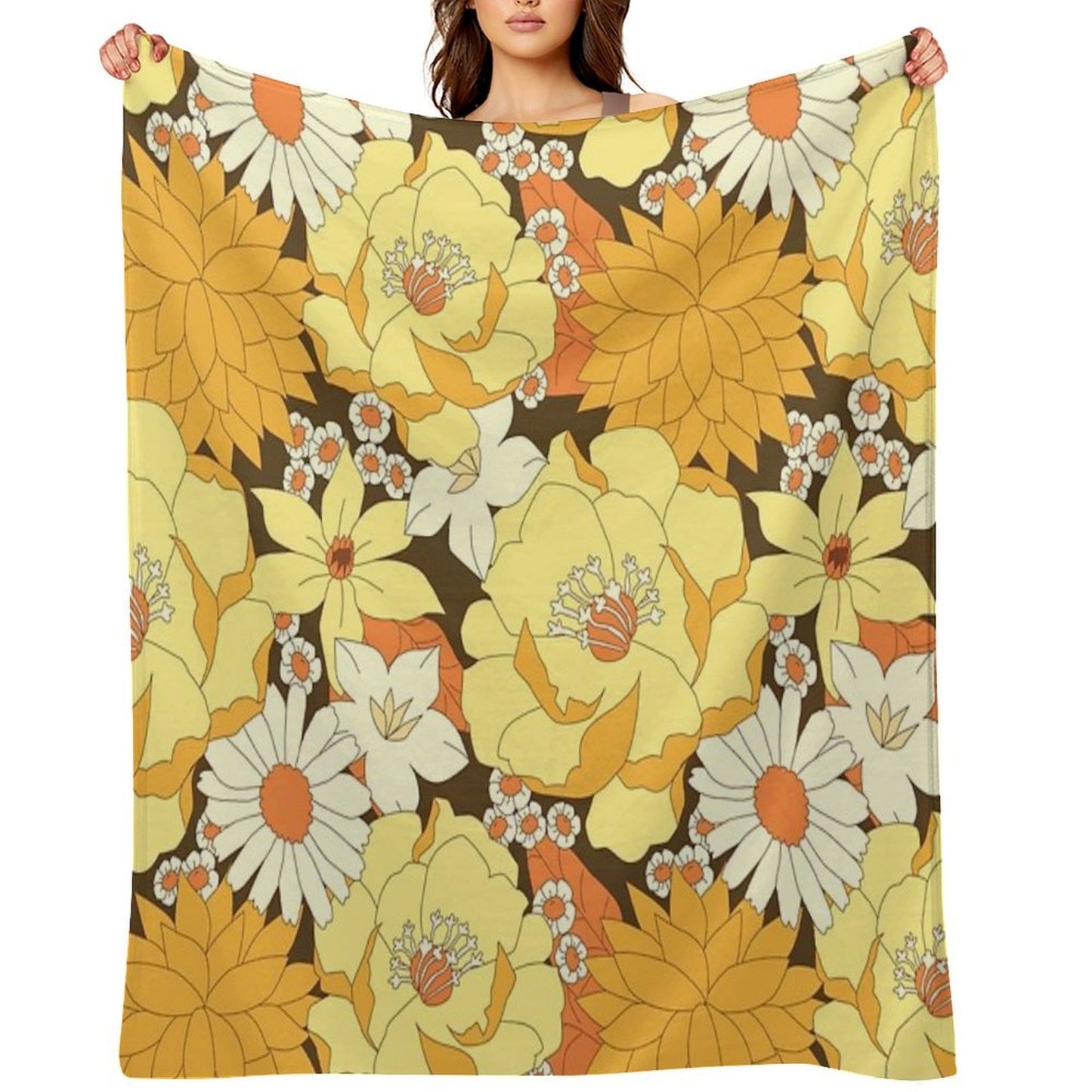 Yellow, Orange And Brown Vintage Floral Pattern Machine-washable Throw Blanket