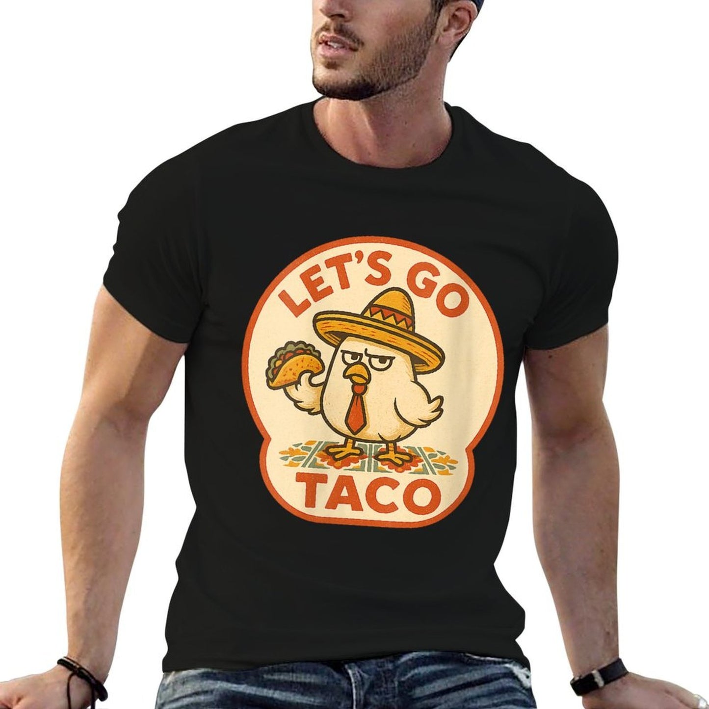 Womens Let’s Go Taco Chicken Humor Sombrero Tie 2025 Funwear Style Heathered Texture T-Shirt