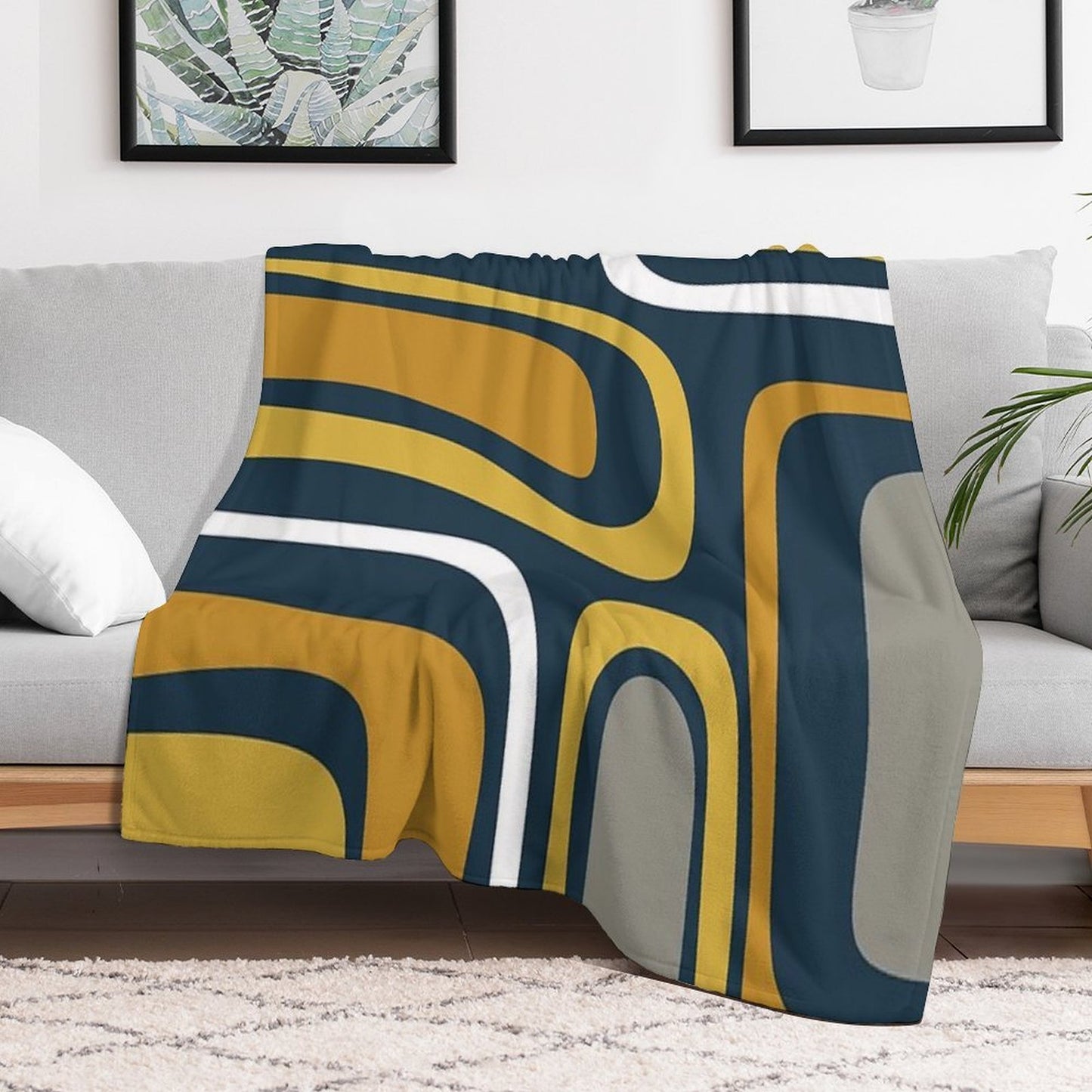 Palm Springs Mid-Century Modern Abstract Pattern in Light And Dark Mustard, Gray, And White on Navy Blue Gift-ready Throw Blanket