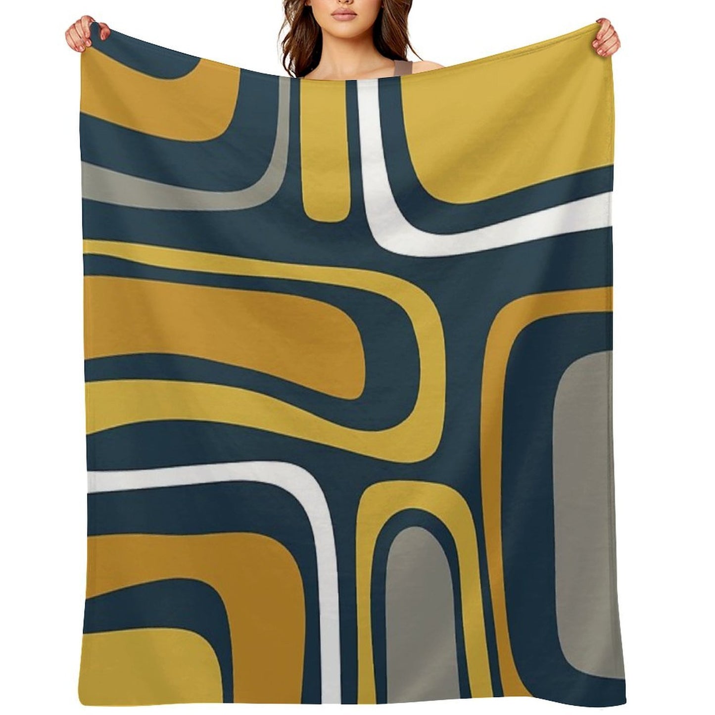 Palm Springs Mid-Century Modern Abstract Pattern in Light And Dark Mustard, Gray, And White on Navy Blue Gift-ready Throw Blanket