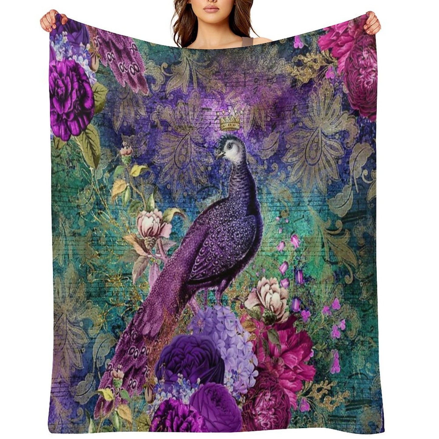 Elegant Vintage Purple Teal Peacocks Velvety-soft Throw Blanket