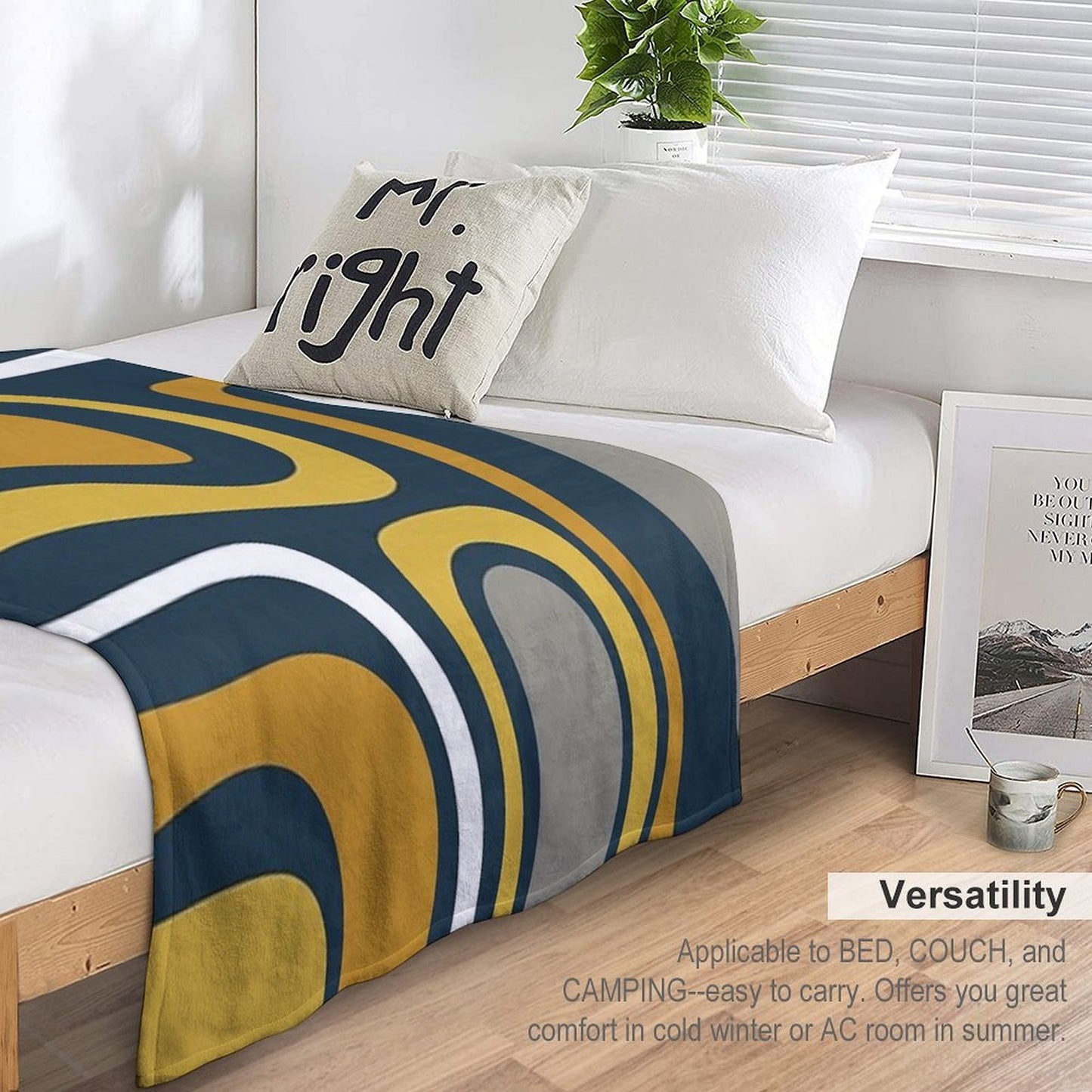 Palm Springs Mid-Century Modern Abstract Pattern in Light And Dark Mustard, Gray, And White on Navy Blue Gift-ready Throw Blanket