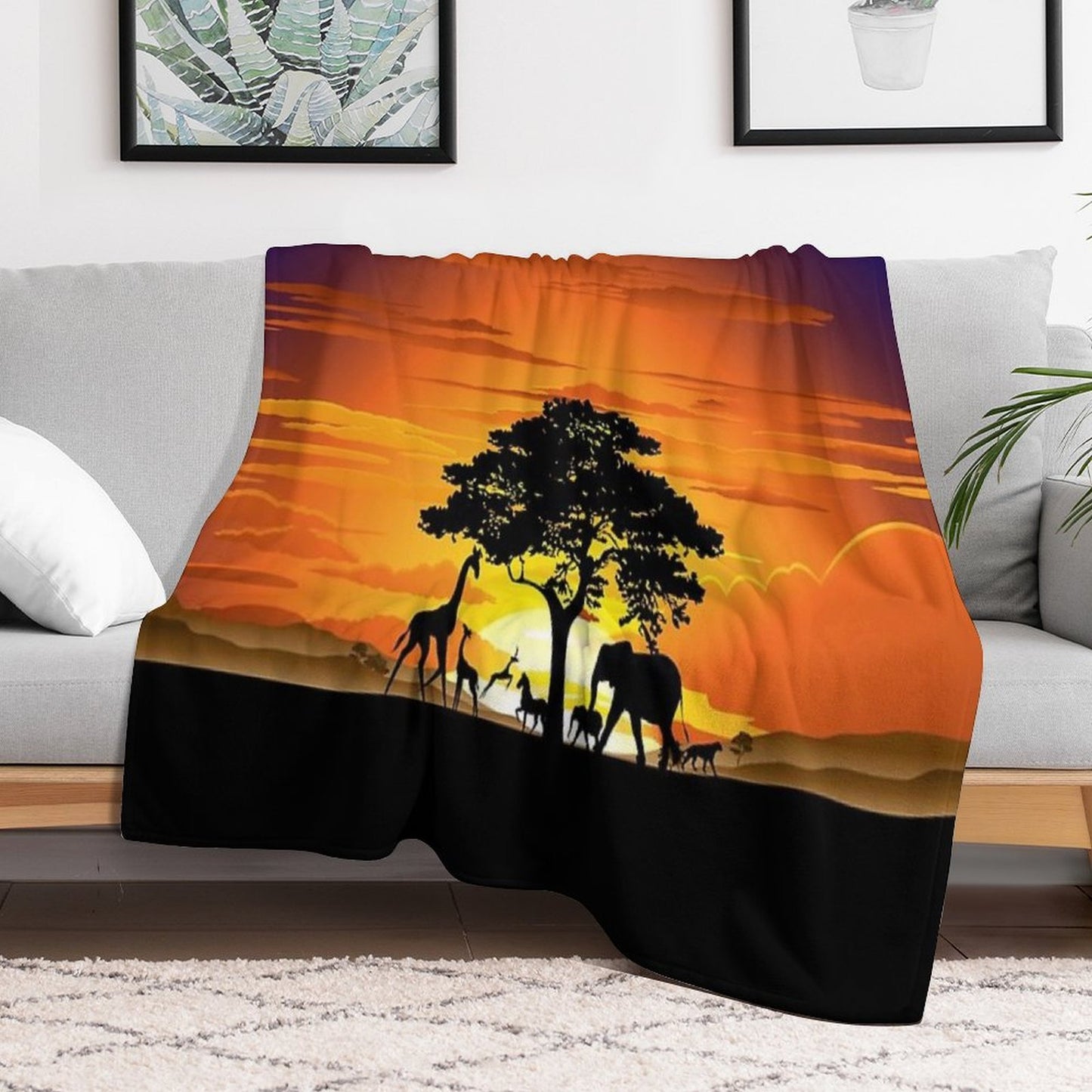 Wild Animals on African Savanna Sunset Machine-washable Throw Blanket