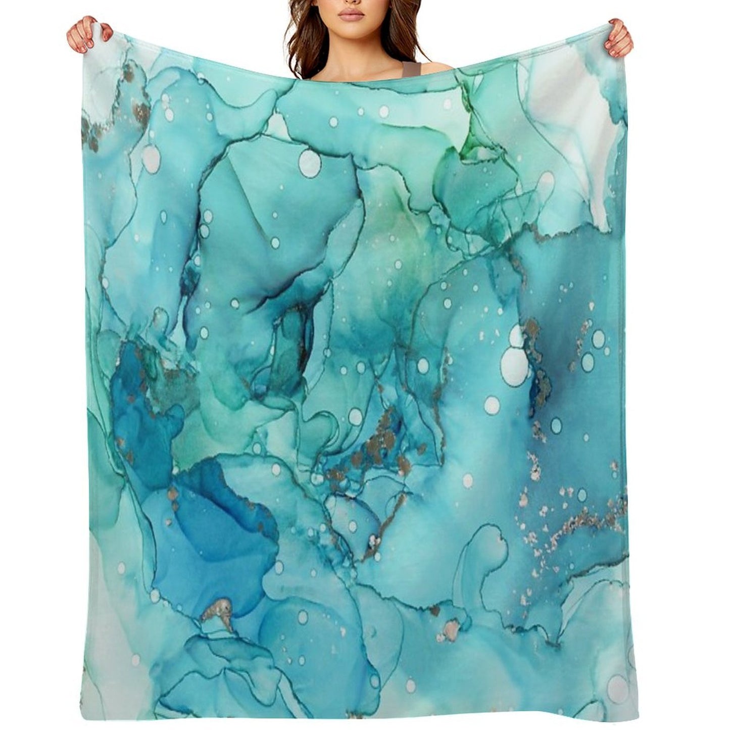 Mermaid Tears - Teal Chrome Abstract Ink Painting Multi-functional Throw Blanket