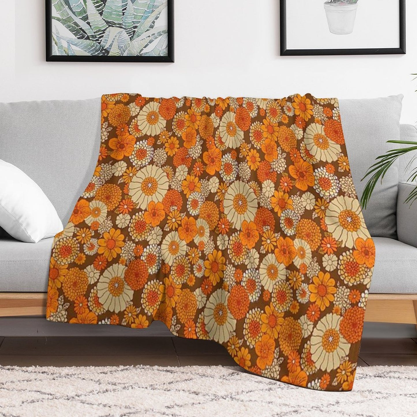 70s Retro Daisies, Vintage Flower Power, Orange And Brown, Boho, Premium Throw Blanket