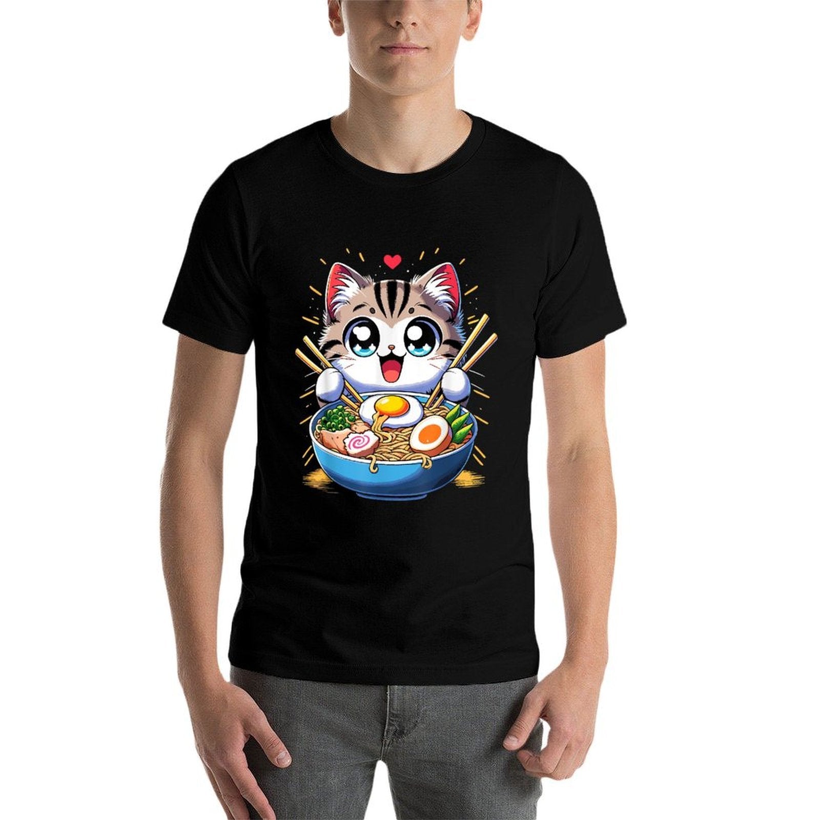 Kawaii Cat Japanese Anime Manga Cat Ramen  High-quality Stitching T-Shirt