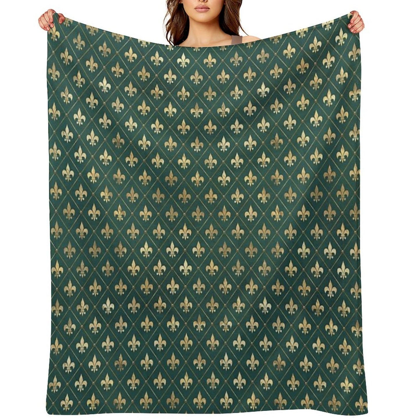 Gold Fleur-de-lis Design on A Green Background Premium Throw Blanket