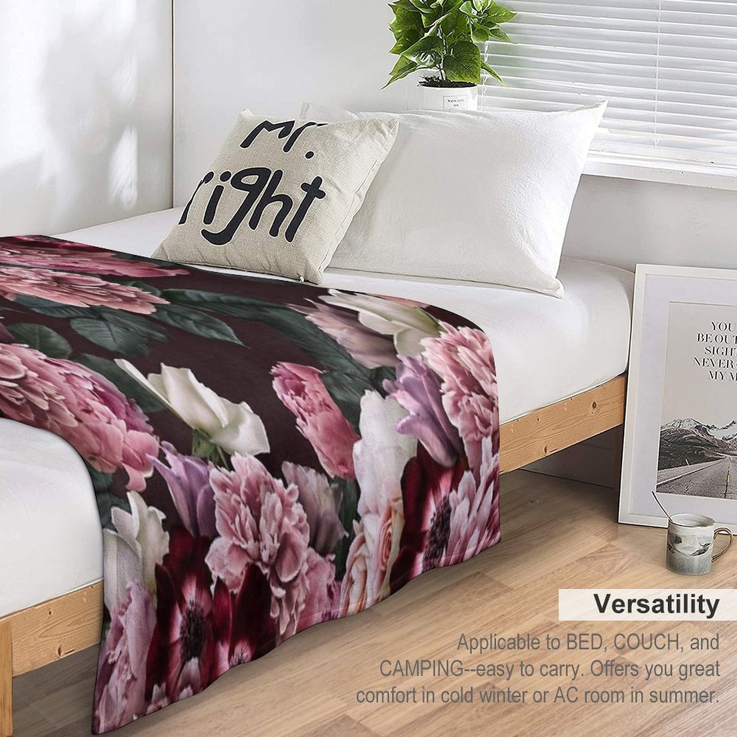 Vintage Bouquets of Pink Lush Peonies, Purple Tulips, Roses And Dark Red Anemones. Plush Throw Blanket